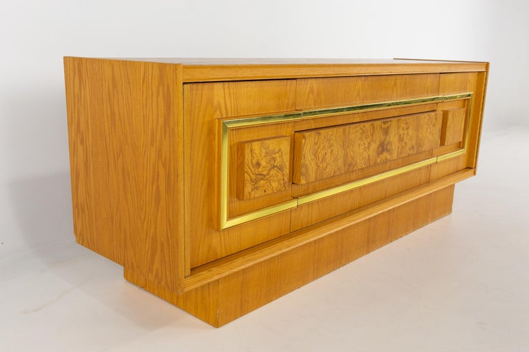 American Milo Baughman Style Mid Century Burlwood and Brass Credenza For Sale