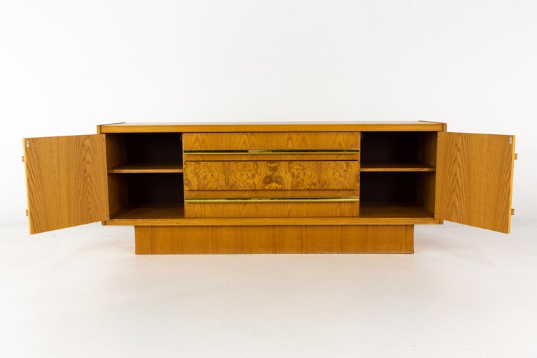Milo Baughman Style Mid Century Burlwood and Brass Credenza For Sale 2