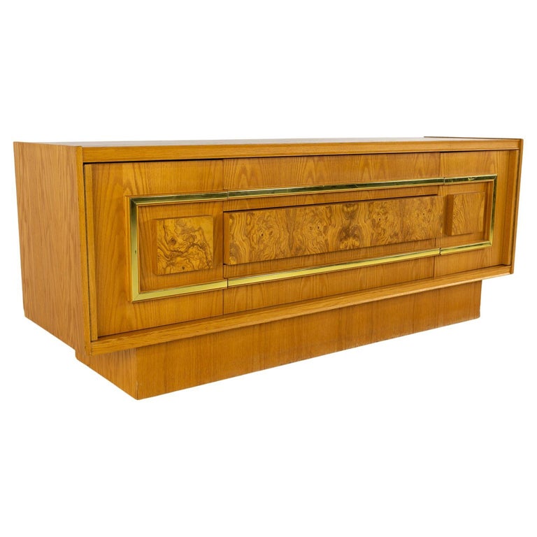 Milo Baughman Style Mid Century Burlwood and Brass Credenza For Sale