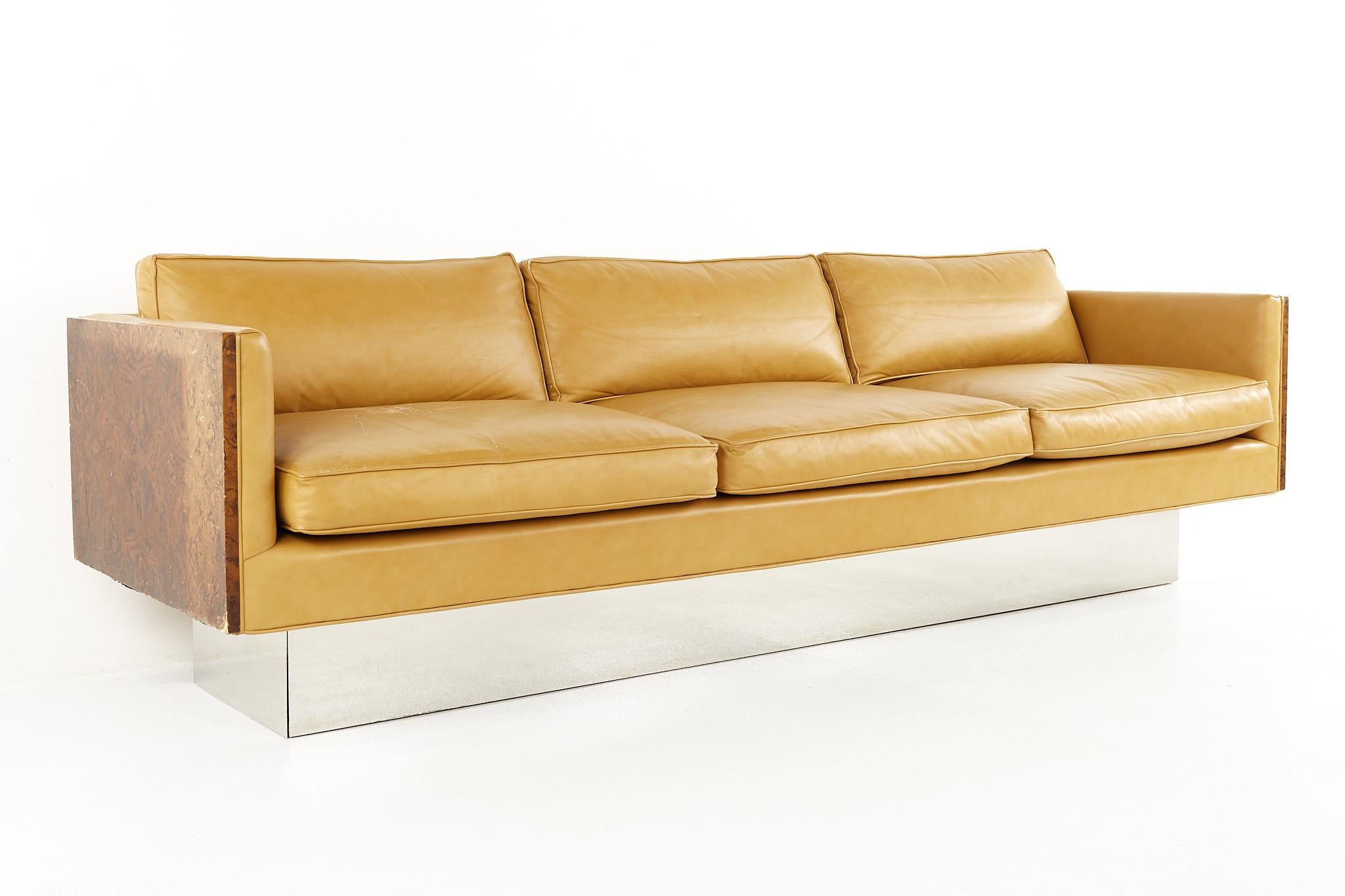 Milo Baughman Style Mid Century Burlwood and Chrome Case Sofa