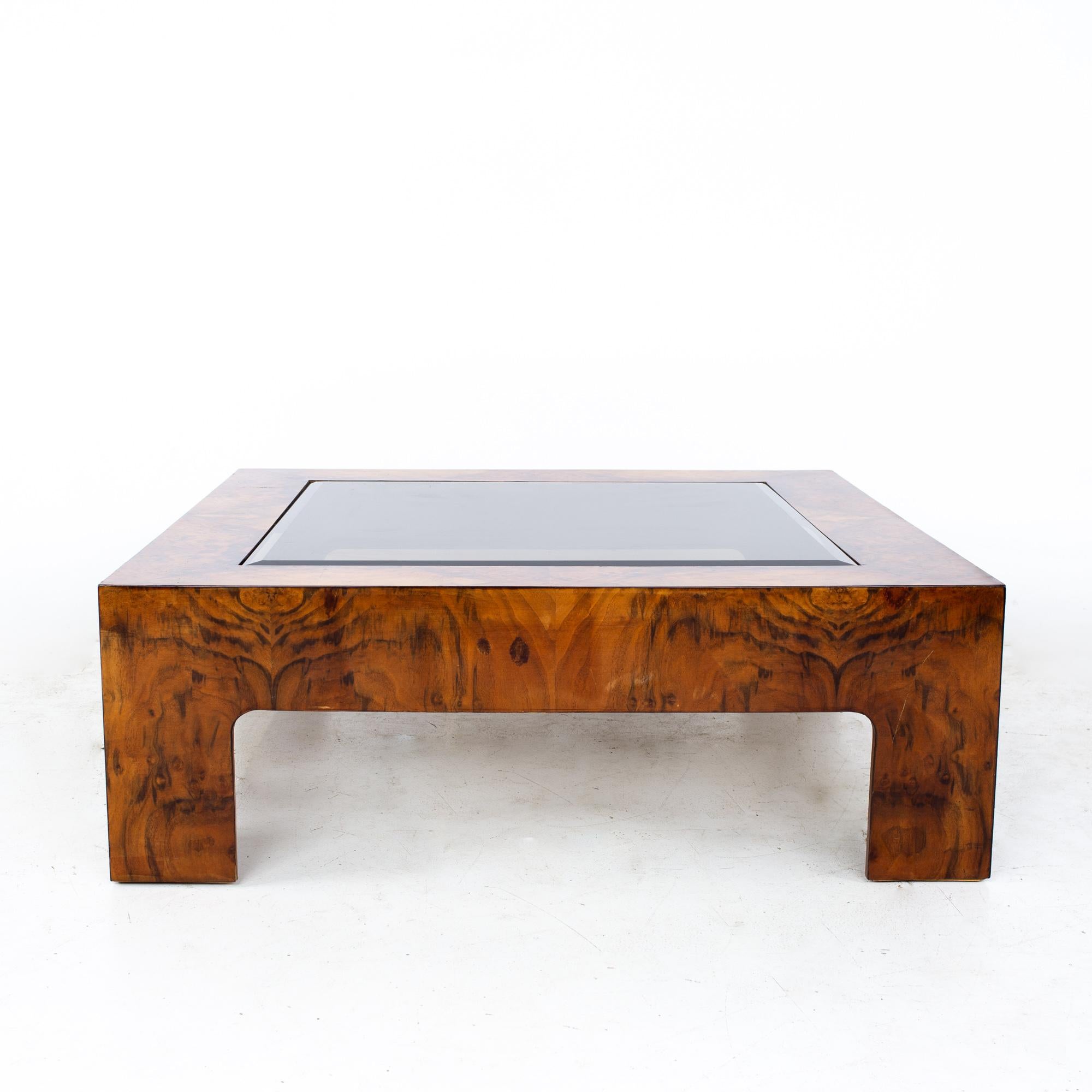 Milo Baughman style mid century burlwood and glass square coffee table
Coffee table measures: 44 wide x 44 deep x 15.25 inches high

All pieces of furniture can be had in what we call restored vintage condition. That means the piece is restored