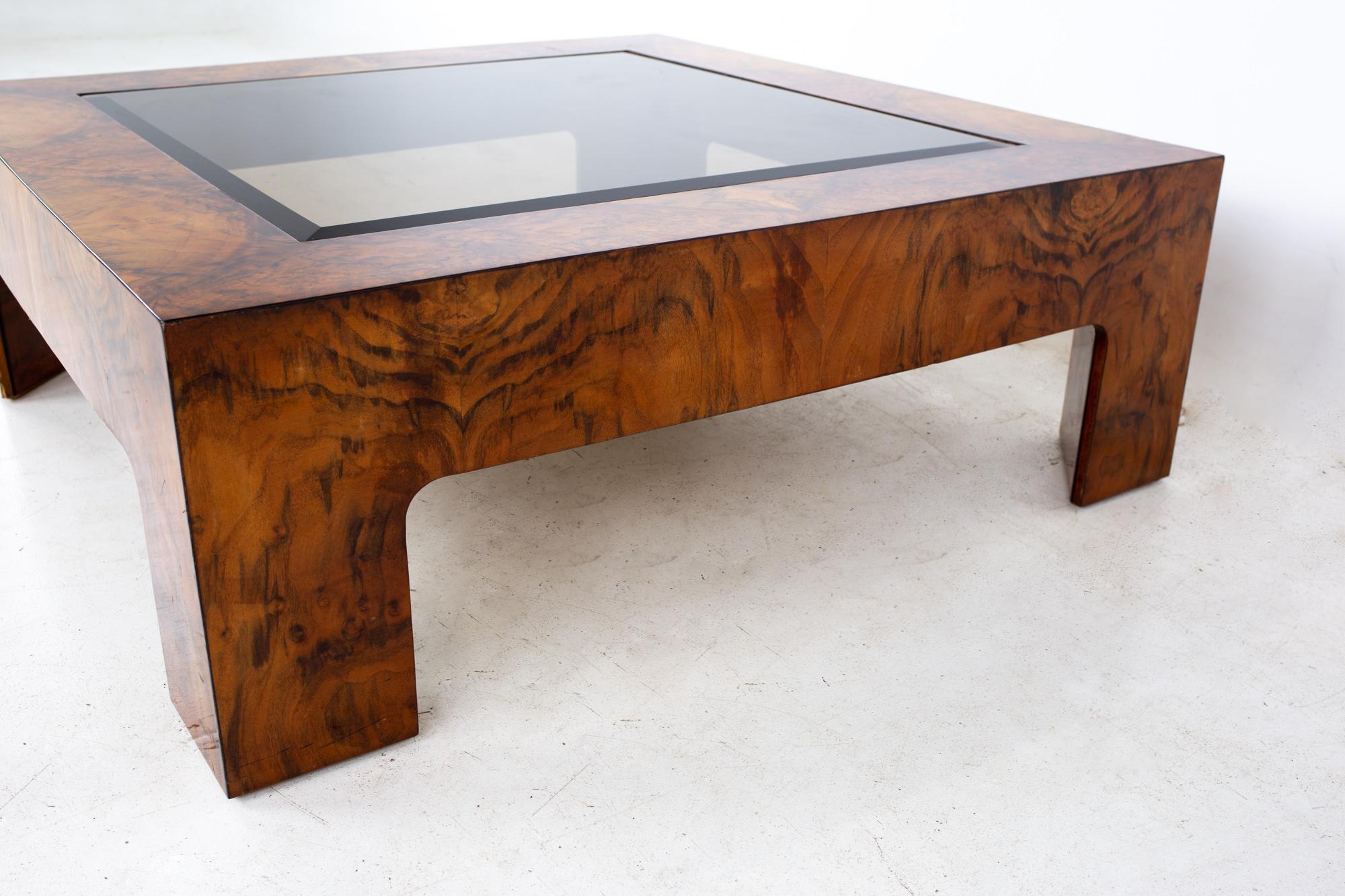 American Milo Baughman Style Mid Century Burlwood and Glass Square Coffee Table