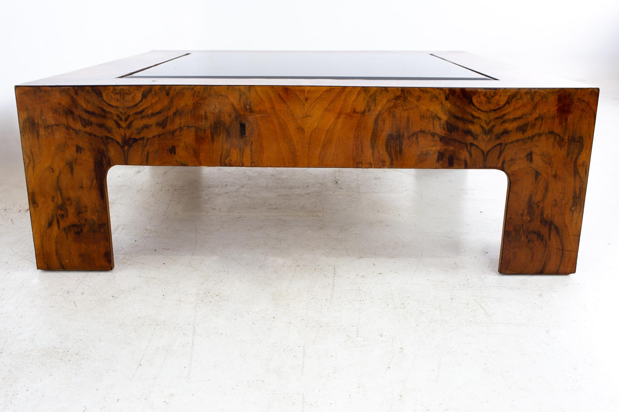 Milo Baughman Style Mid Century Burlwood and Glass Square Coffee Table In Good Condition In Countryside, IL