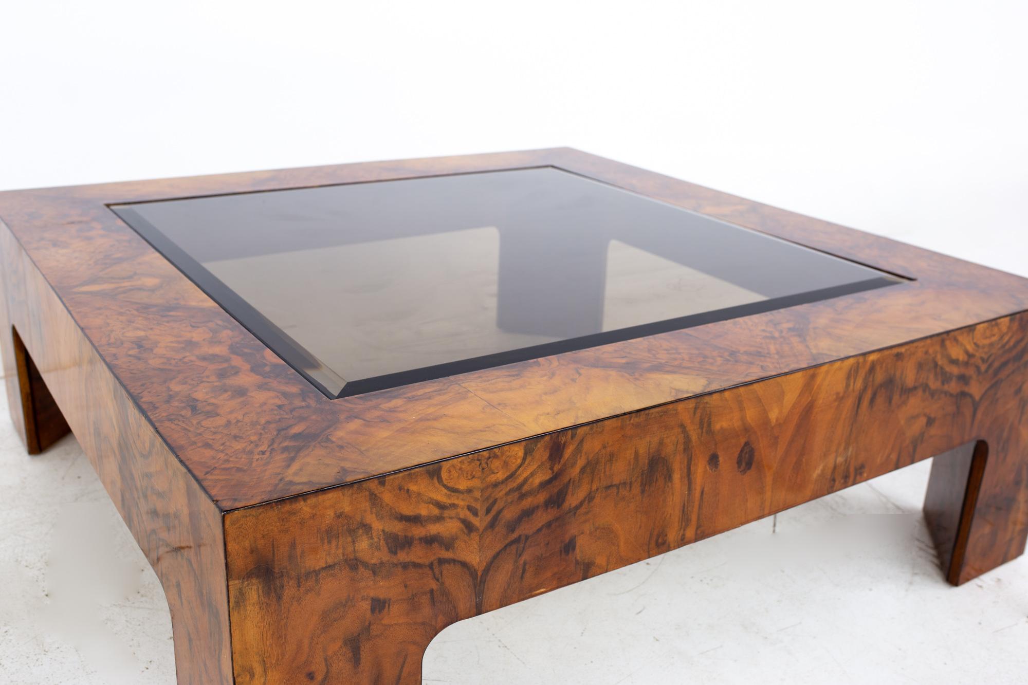 Late 20th Century Milo Baughman Style Mid Century Burlwood and Glass Square Coffee Table