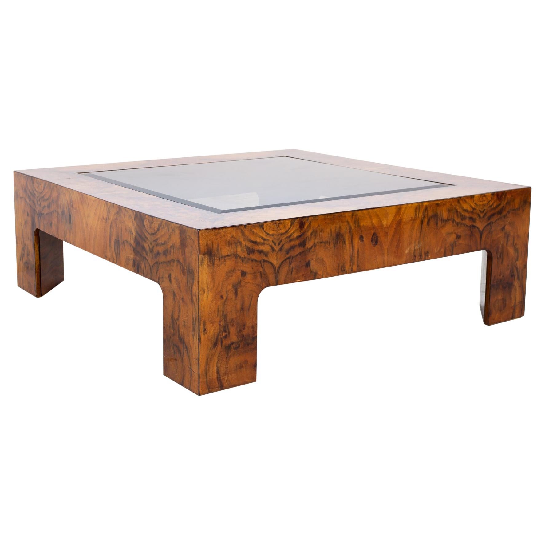 Milo Baughman Style Mid Century Burlwood and Glass Square Coffee Table