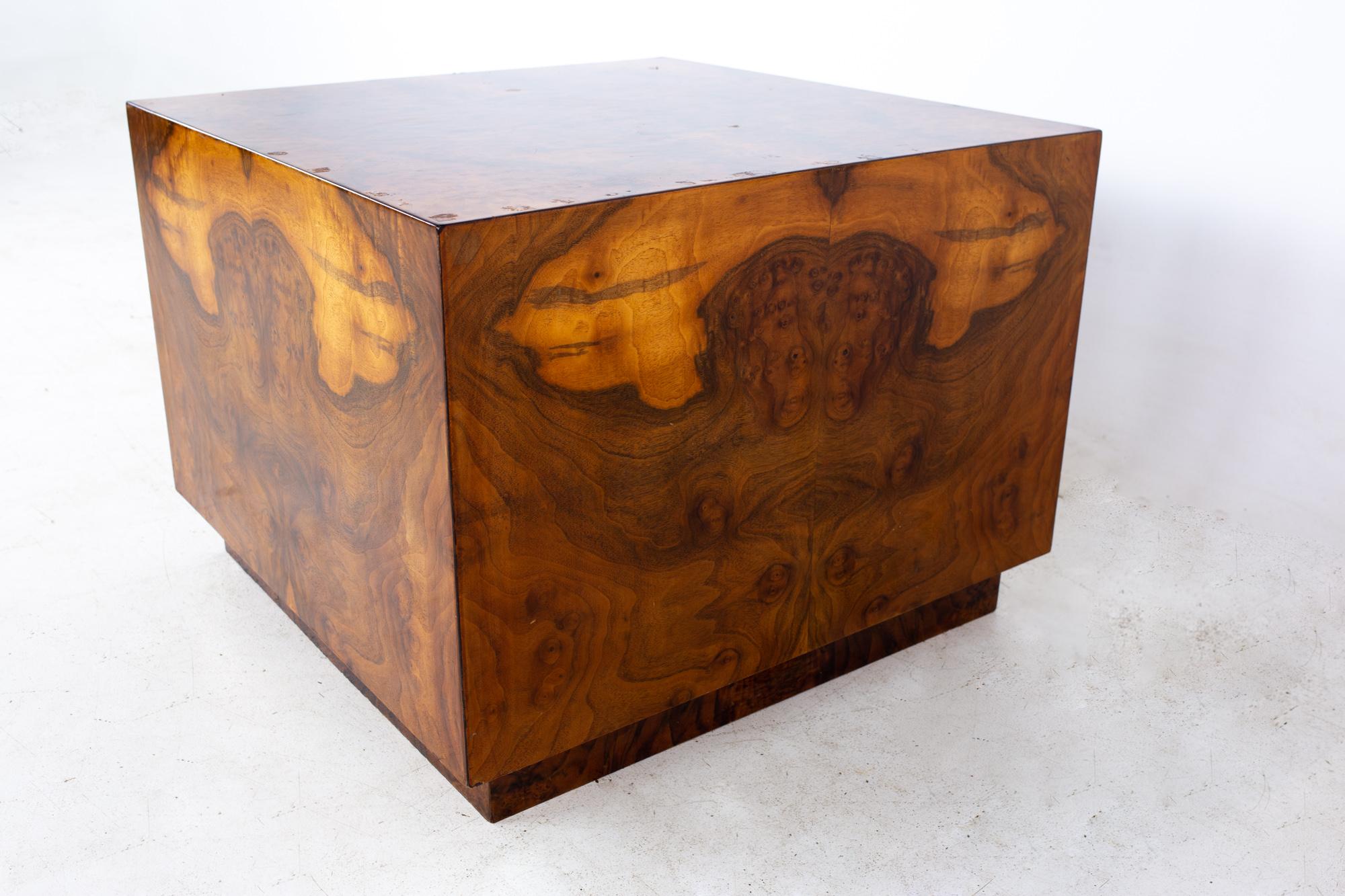 American Milo Baughman Style Mid Century Burlwood Cube Coffee Table