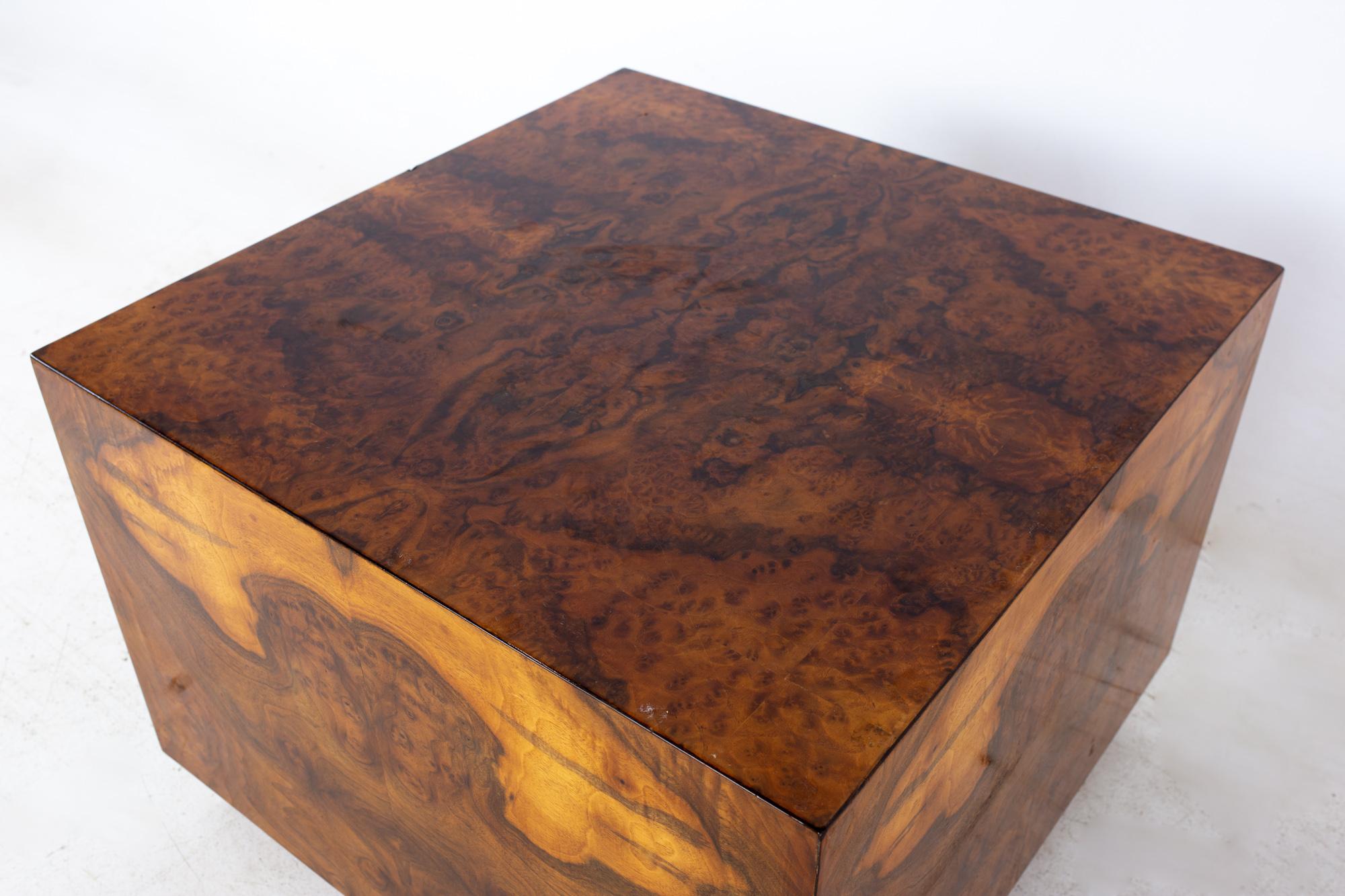 Milo Baughman Style Mid Century Burlwood Cube Coffee Table 1