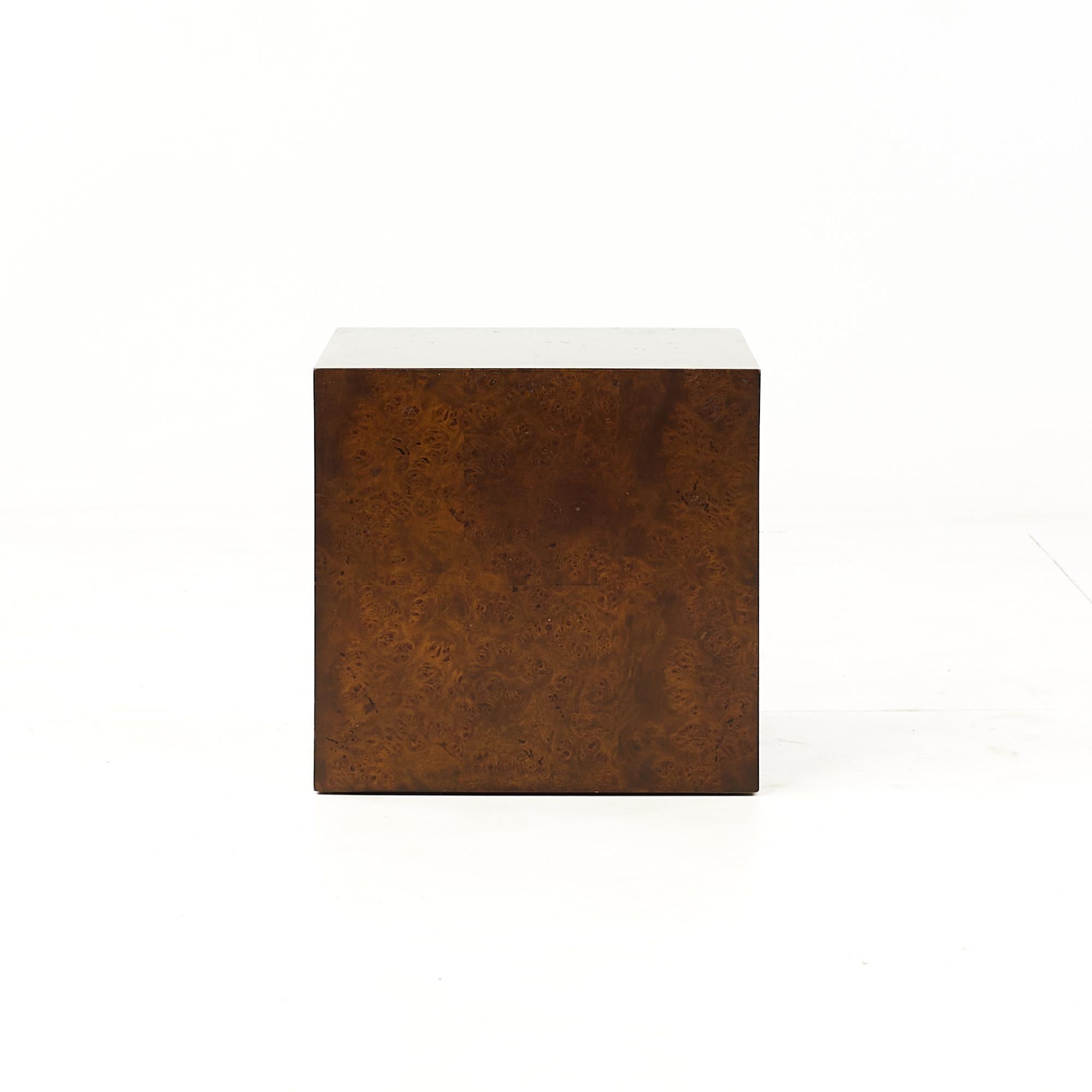 Milo Baughman Style Mid Century Burlwood Cube Side Tables 4