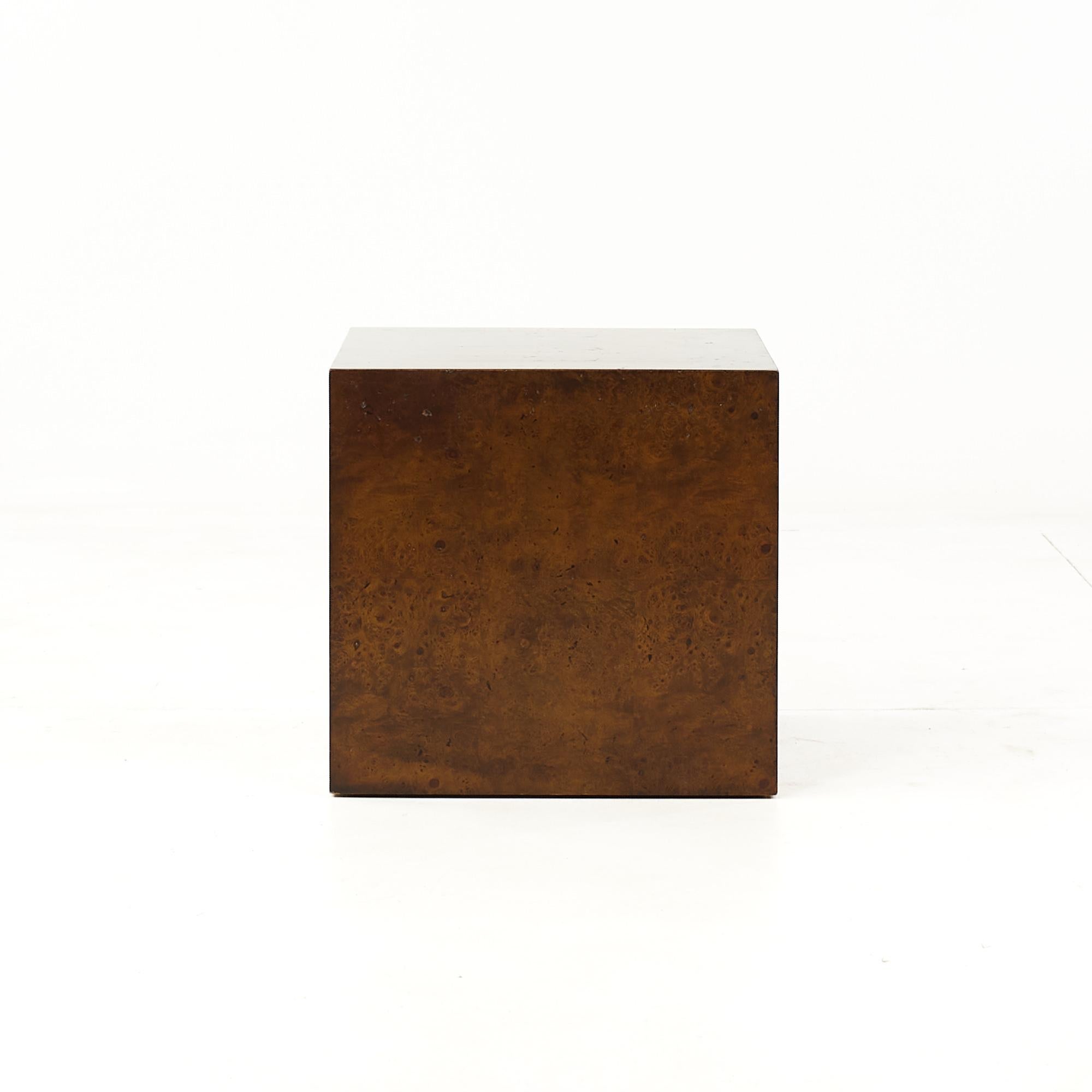 Milo Baughman Style Mid Century Burlwood Cube Side Tables 5