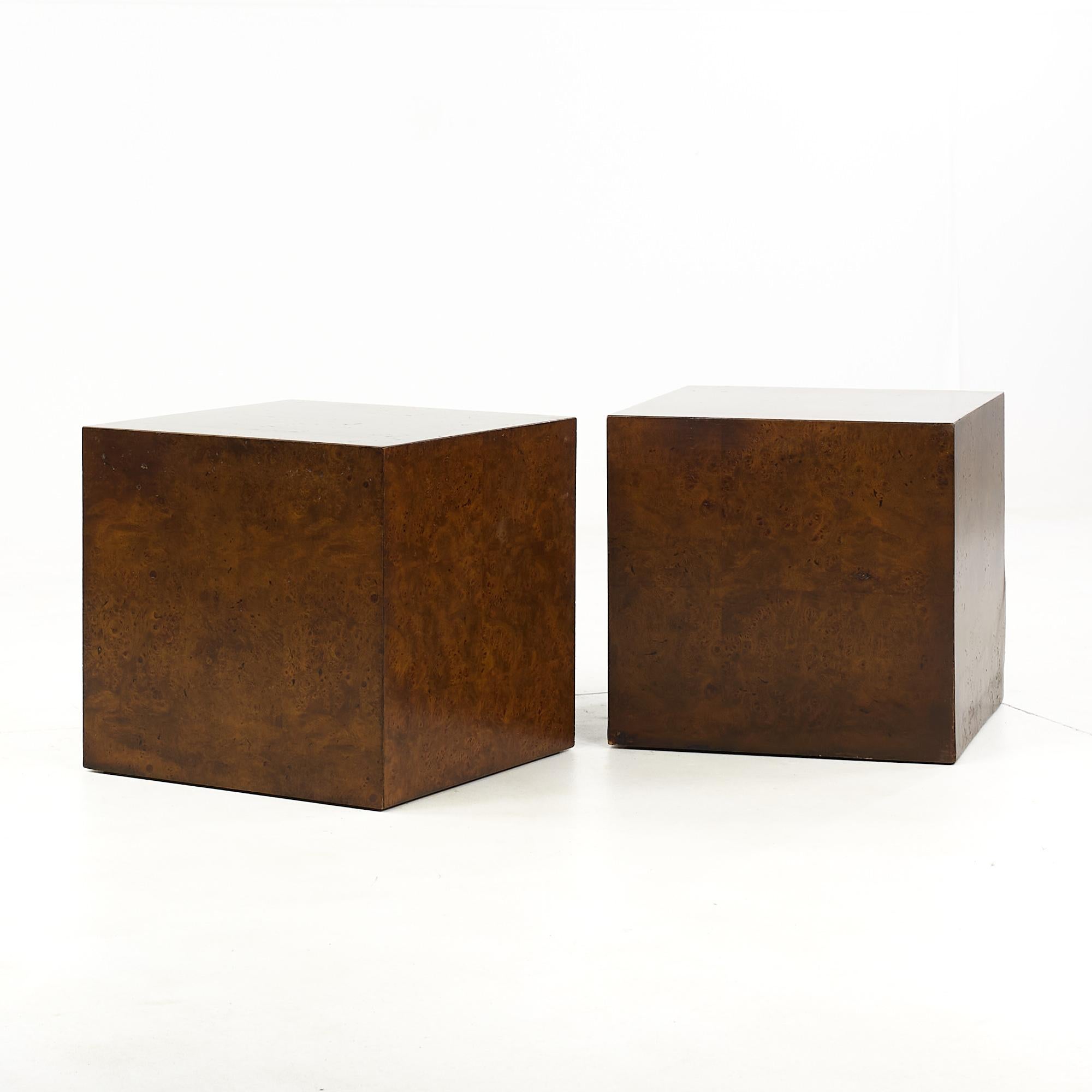 Milo Baughman style mid century burlwood cube side tables

Each table measures 16 wide x 16 deep x 15.5 inches high

All pieces of furniture can be had in what we call restored vintage condition. That means the piece is restored upon purchase so