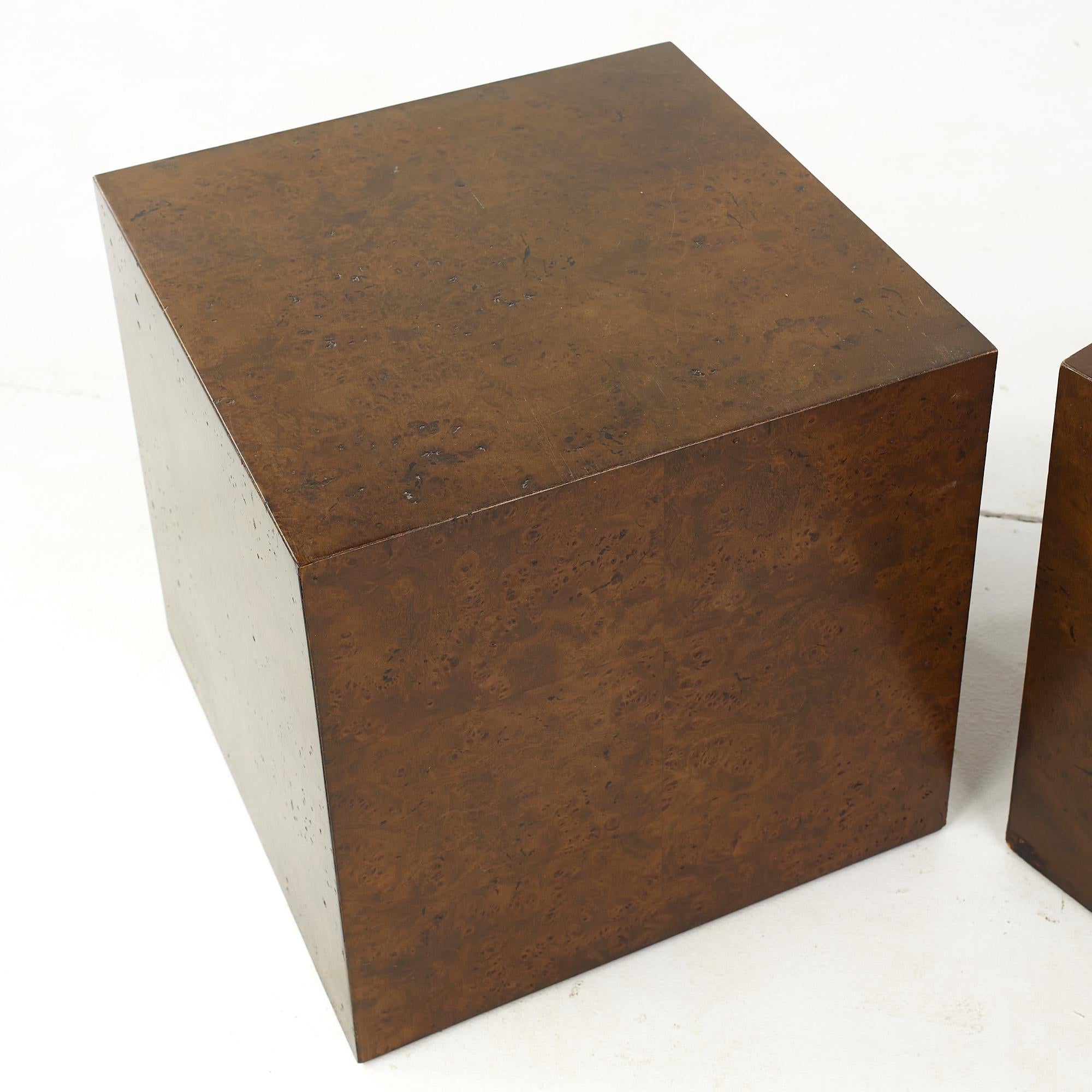 American Milo Baughman Style Mid Century Burlwood Cube Side Tables