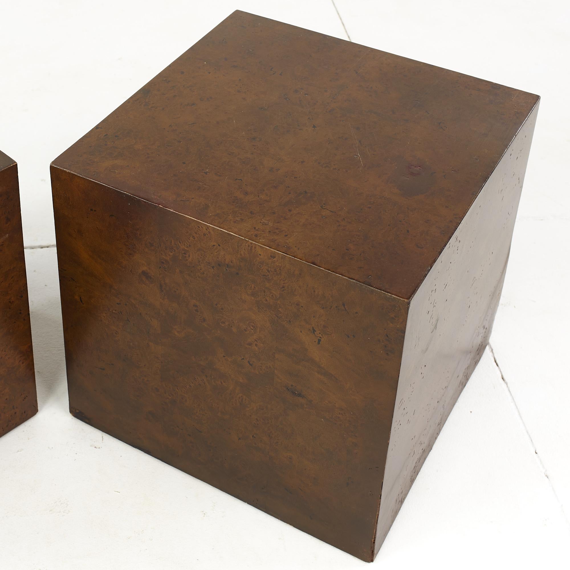 Milo Baughman Style Mid Century Burlwood Cube Side Tables In Good Condition In Countryside, IL