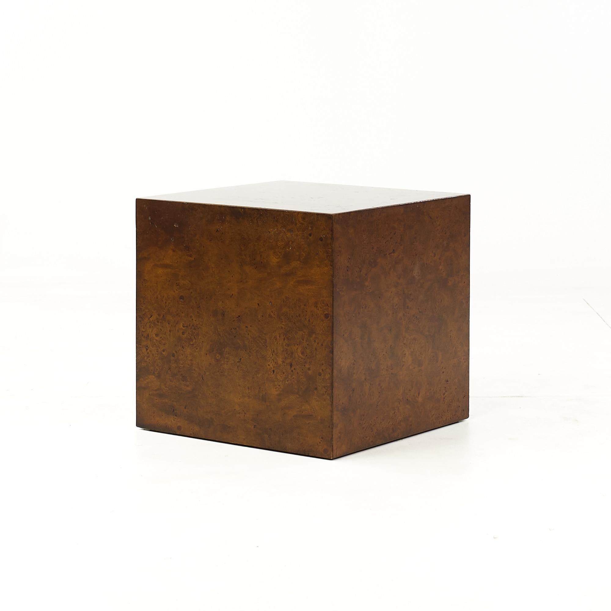 Late 20th Century Milo Baughman Style Mid Century Burlwood Cube Side Tables
