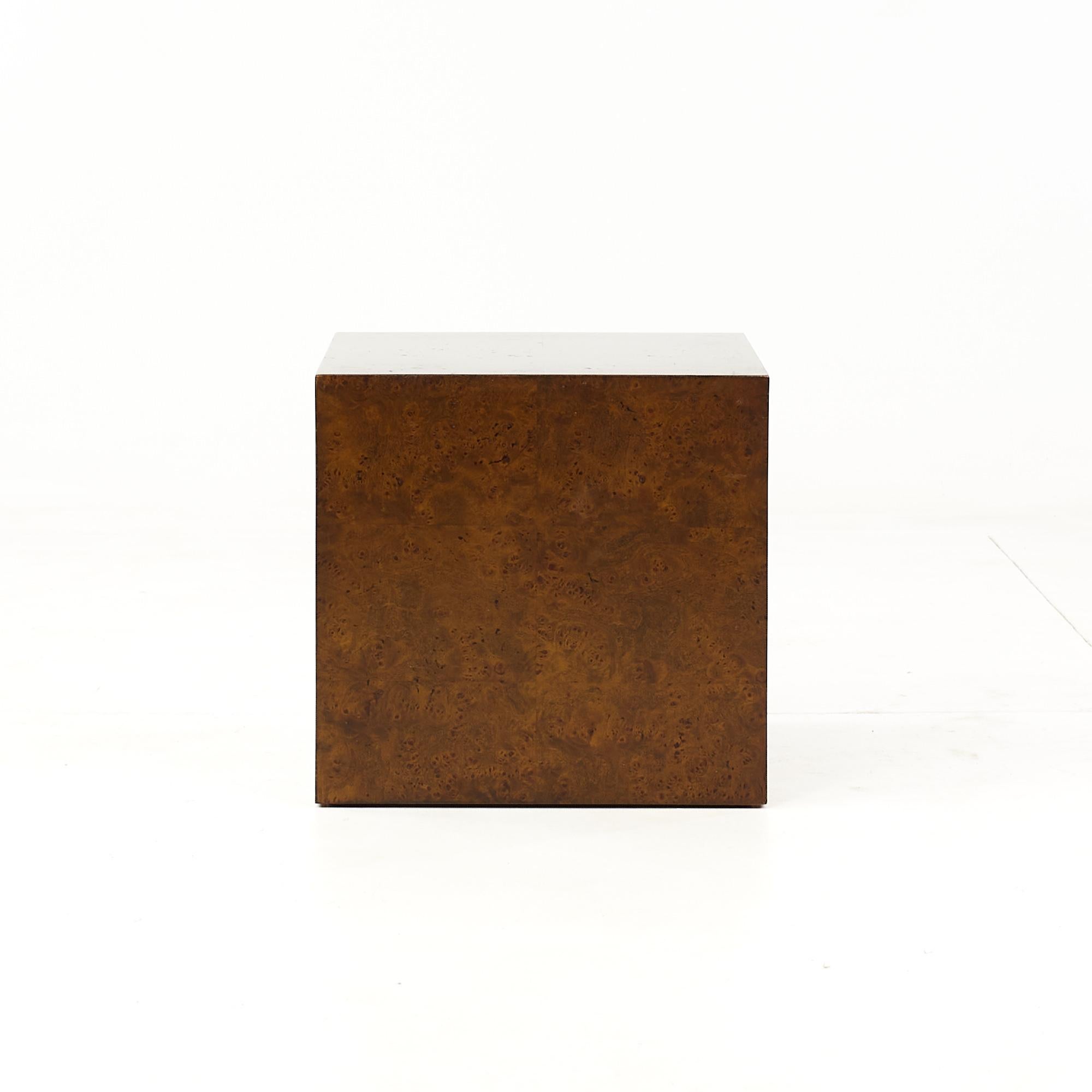 Milo Baughman Style Mid Century Burlwood Cube Side Tables 1