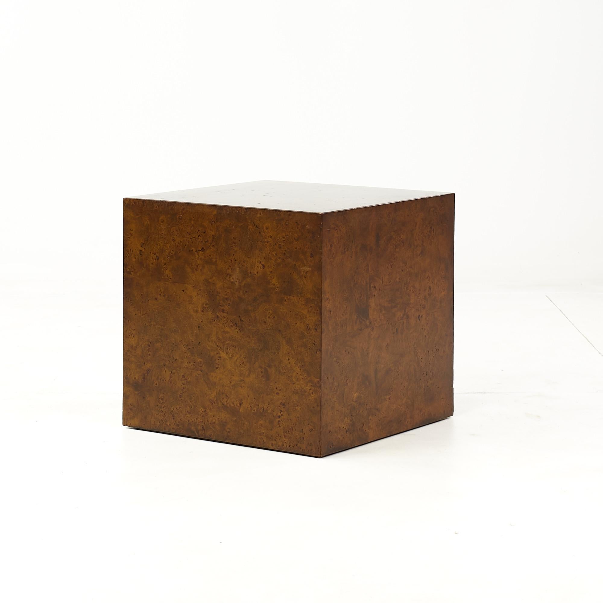 Milo Baughman Style Mid Century Burlwood Cube Side Tables 2