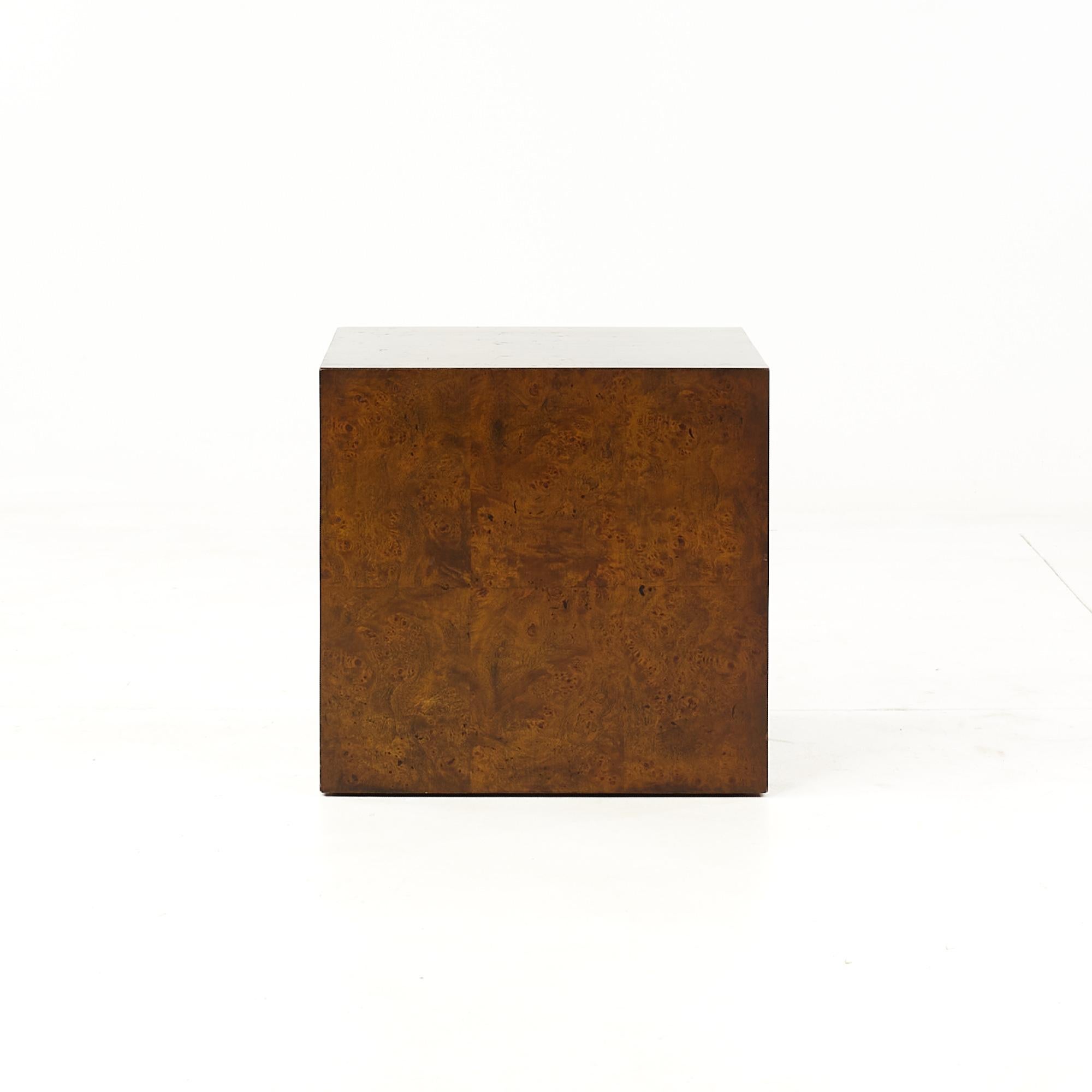 Milo Baughman Style Mid Century Burlwood Cube Side Tables 3