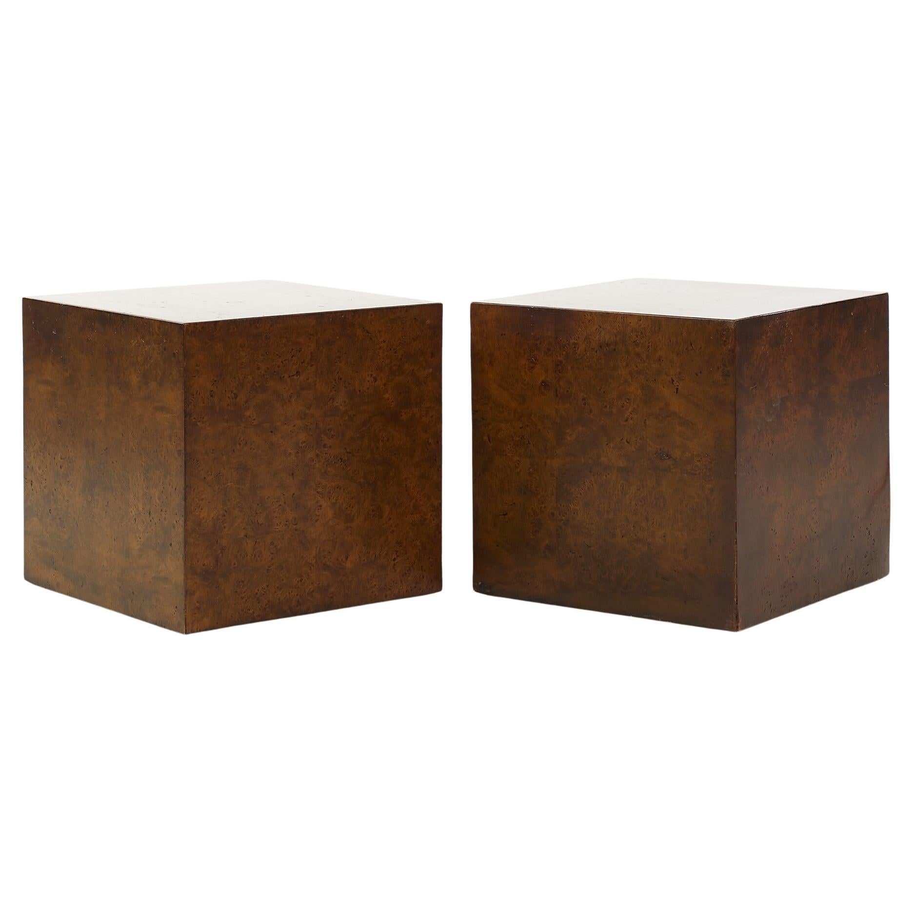 Milo Baughman Style Mid Century Burlwood Cube Side Tables
