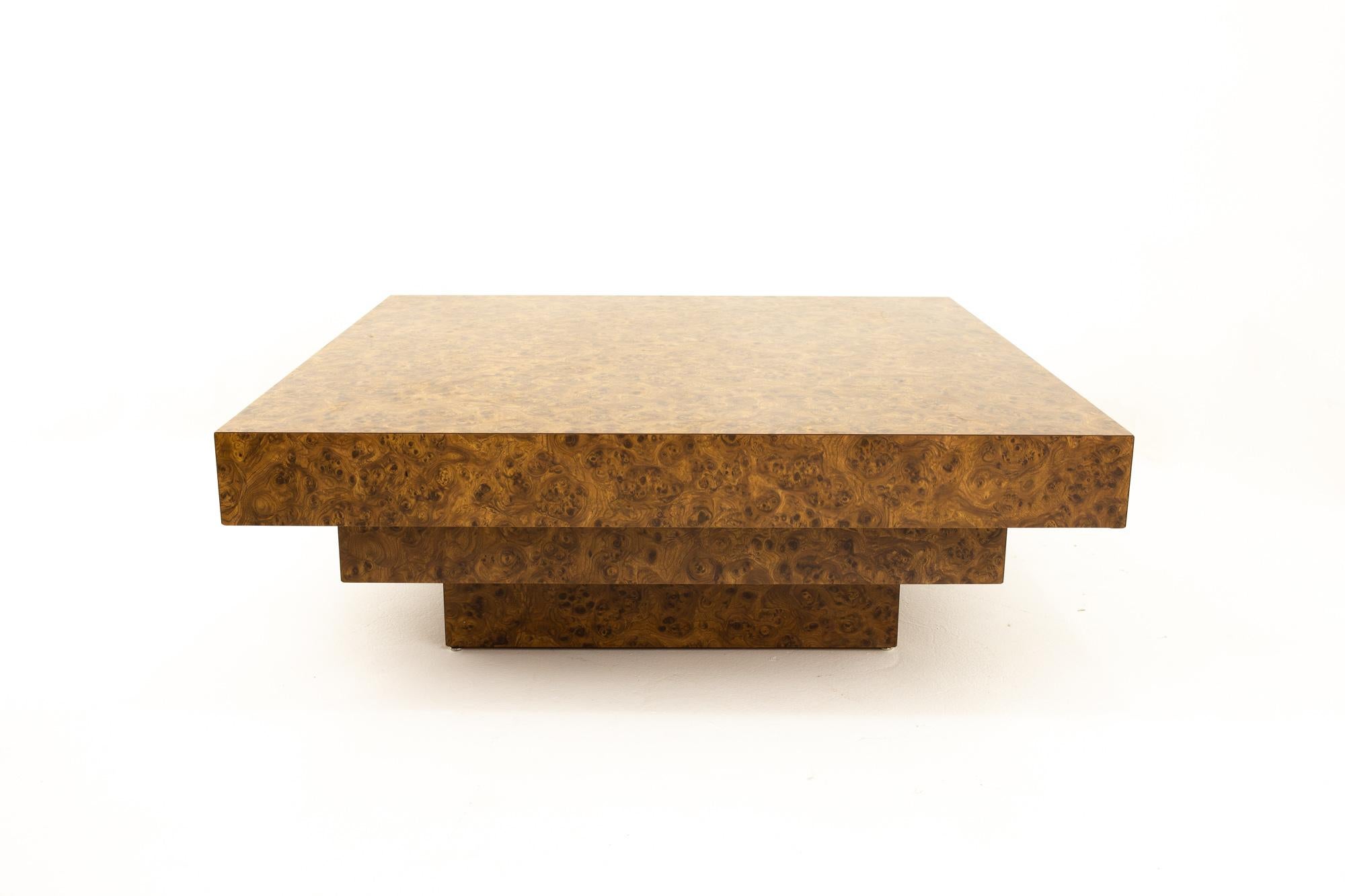 Milo Baughman style midcentury burlwood formica 3-tier coffee table.
Table measures: 48 wide x 48 deep x 16 high

All pieces of furniture can be had in what we call restored vintage condition. This means the piece is restored upon purchase so
