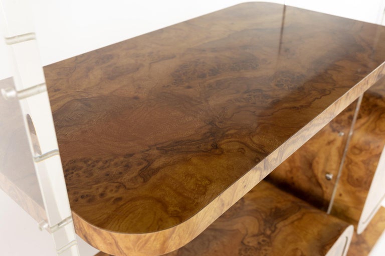 Milo Baughman Style Mid Century Burlwood Laminate and Lucite Bookcases