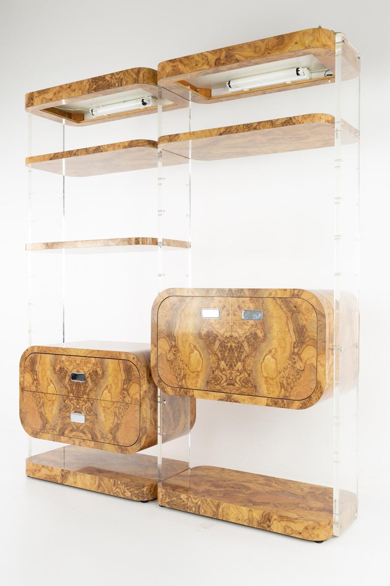 Milo Baughman Style Mid Century Burlwood Laminate and Lucite Bookcases