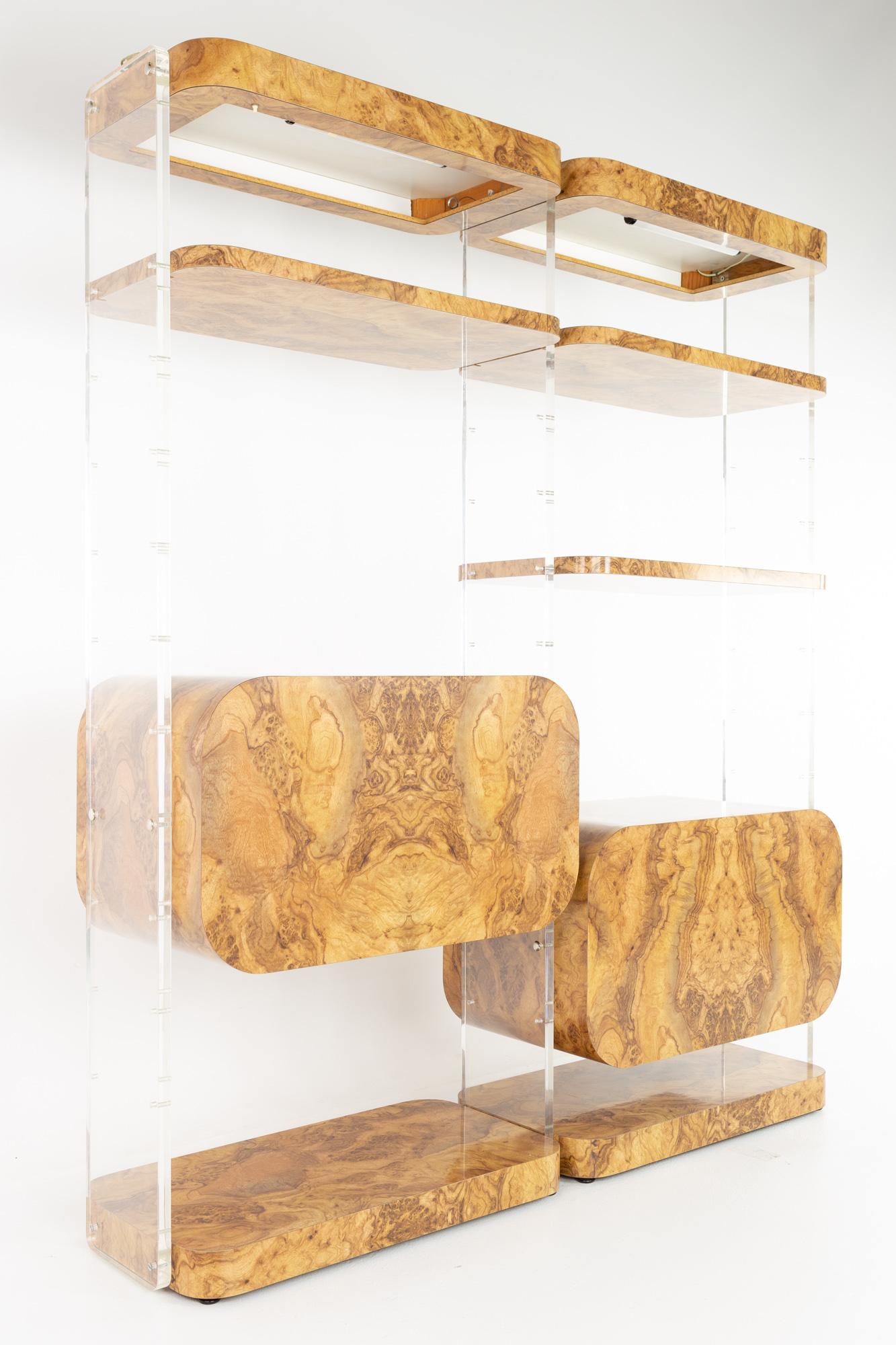 American Milo Baughman Style Mid Century Burlwood Laminate and Lucite Bookcases, Pair