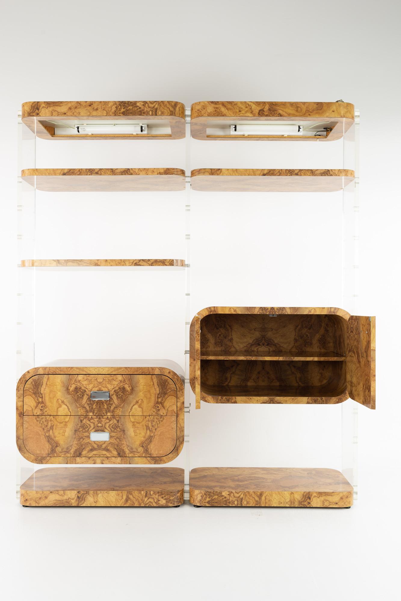 Milo Baughman Style Mid Century Burlwood Laminate and Lucite Bookcases, Pair 1