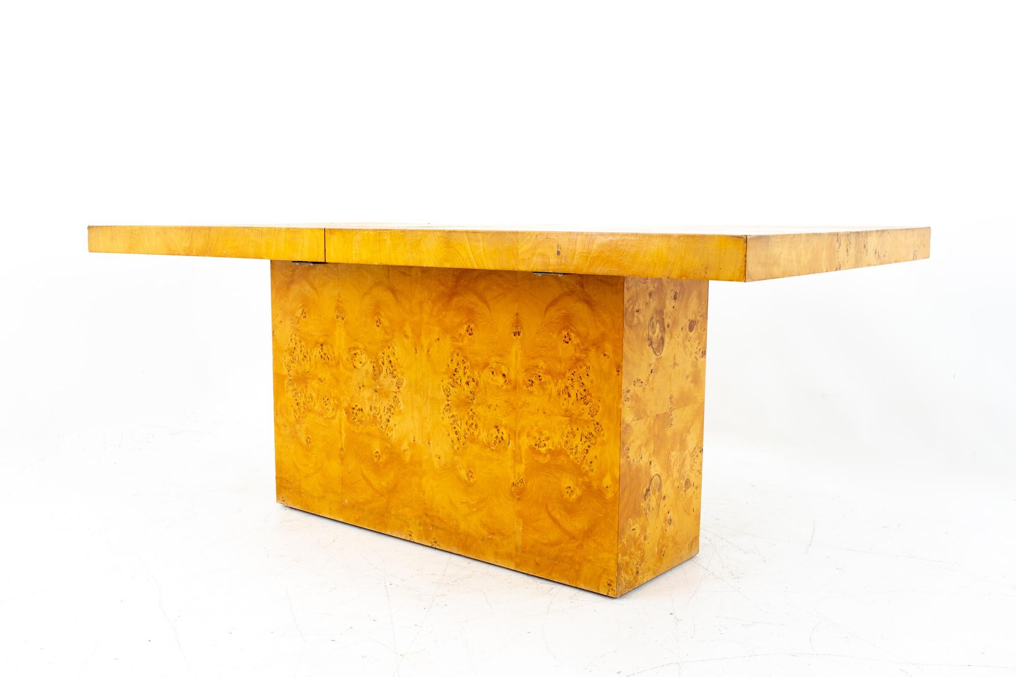 Mid-Century Modern Milo Baughman Style Mid Century Burlwood Pedestal Dining Table with 2 Leaves