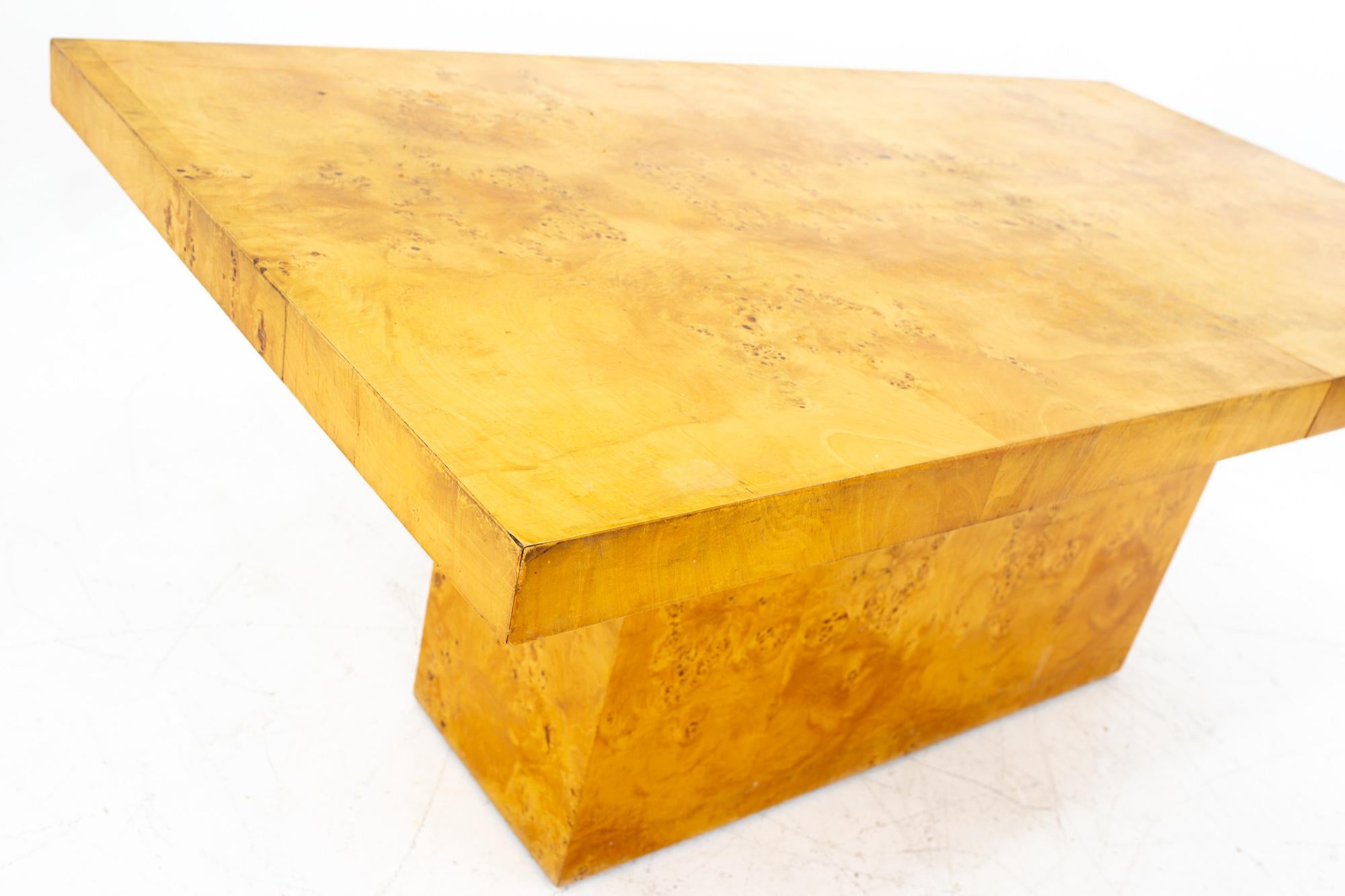 Milo Baughman Style Mid Century Burlwood Pedestal Dining Table with 2 Leaves 1