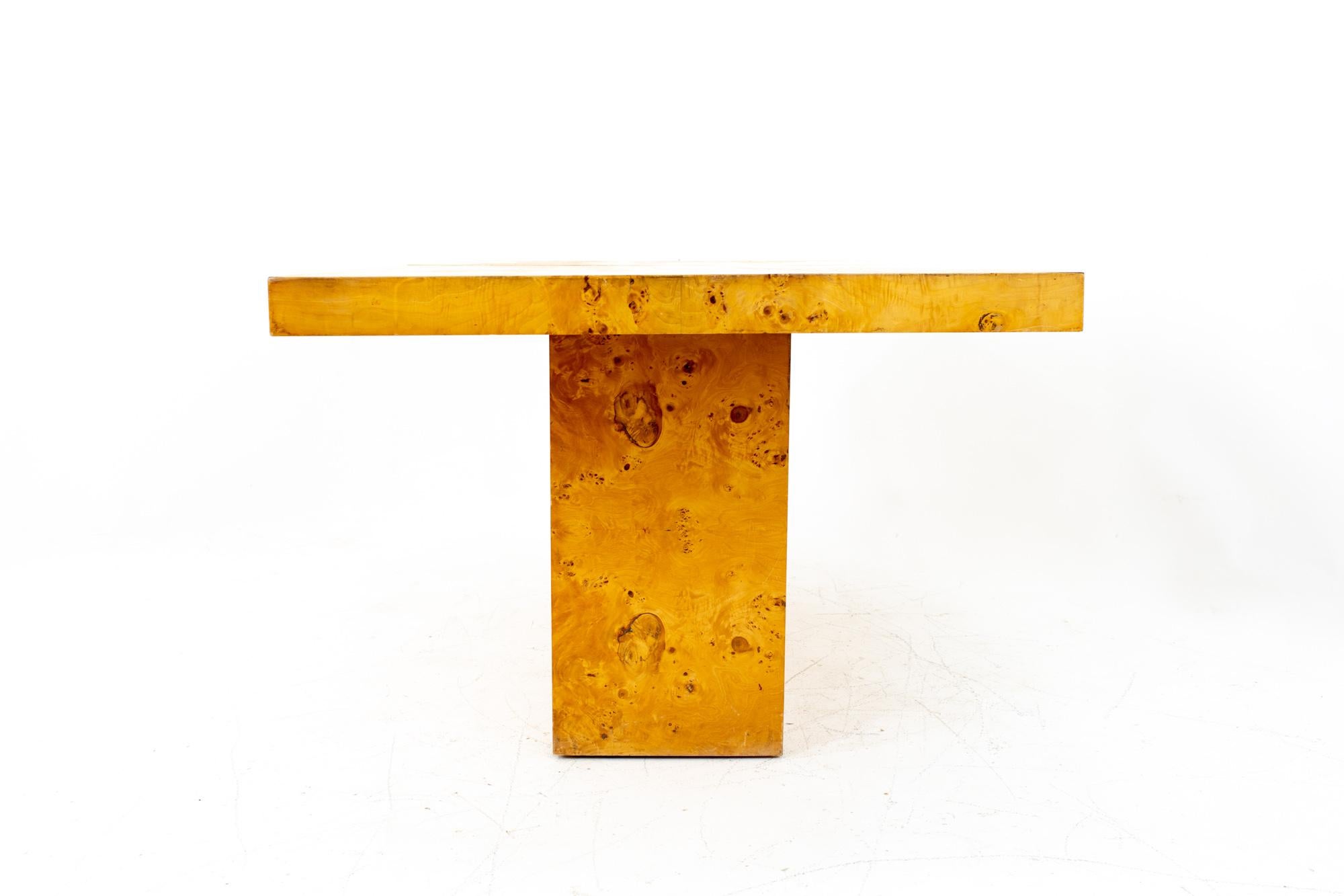Milo Baughman Style Mid Century Burlwood Pedestal Dining Table with 2 Leaves 2