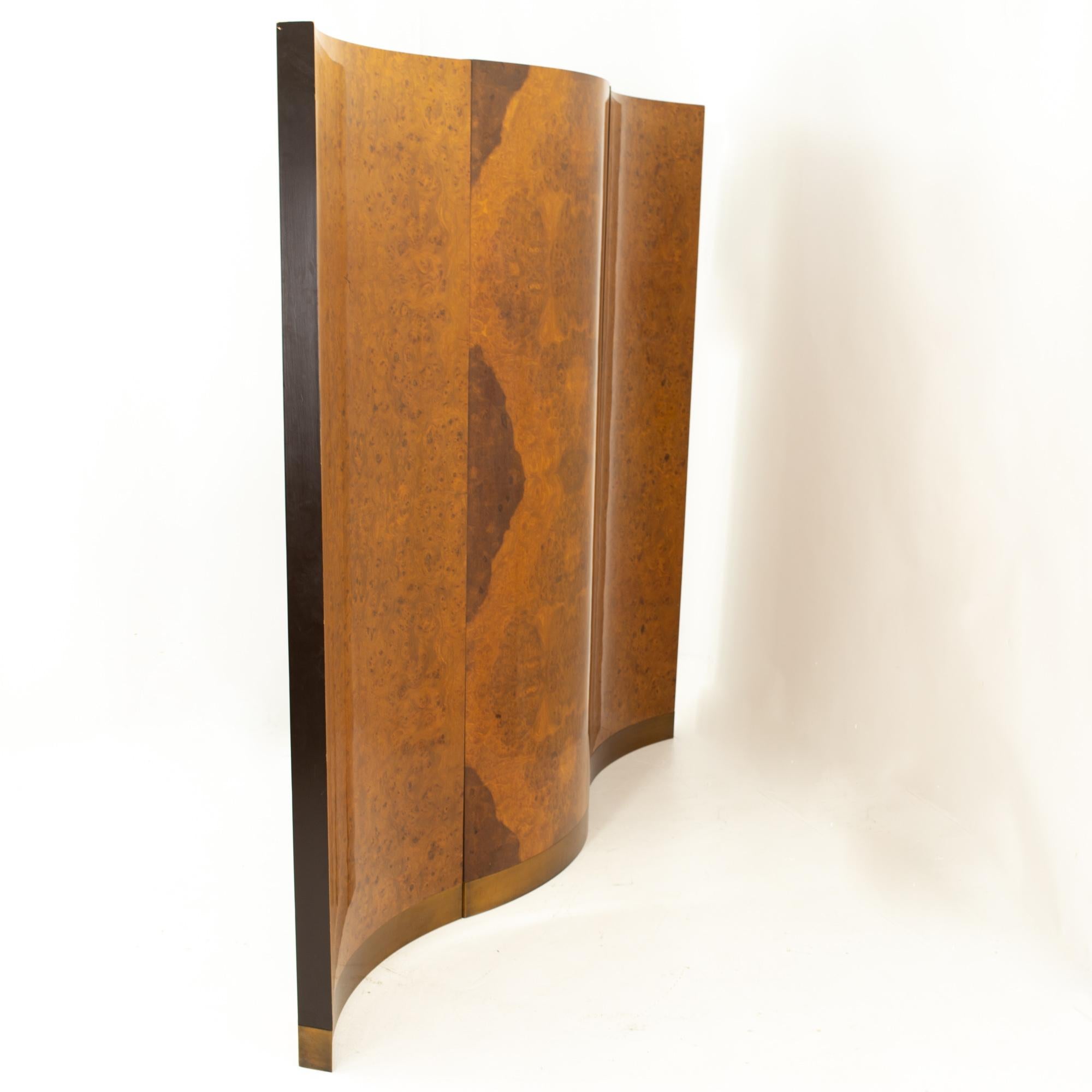 Milo Baughman style Mid Century burl wood room divider
Room divider with 3 sections; each measures:  34.5 wide x 3 deep x 87.5 high

All pieces of furniture can be had in what we call restored vintage condition. This means the piece is restored upon
