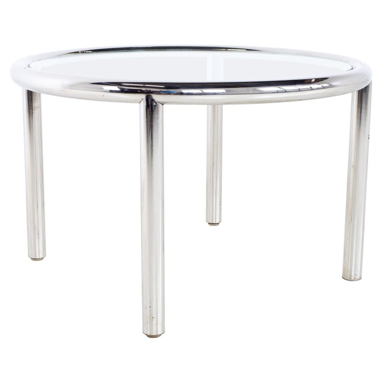Milo Baughman Style Mid Century Chrome and Glass Round Coffee Table For Sale