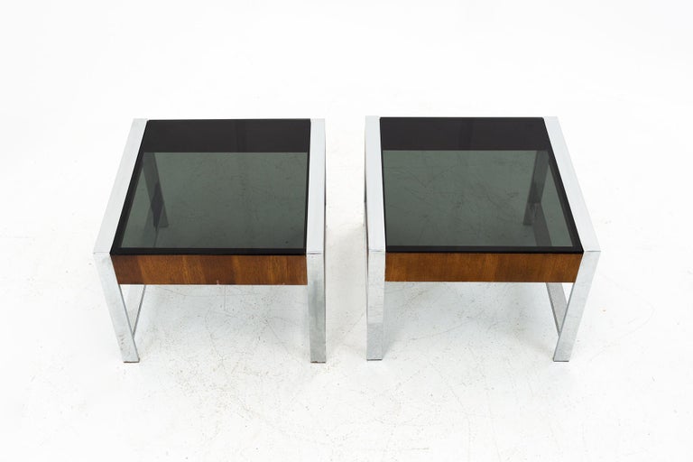 American Milo Baughman Style Mid Century Chrome and Smoked Glass Side End Tables - Pair