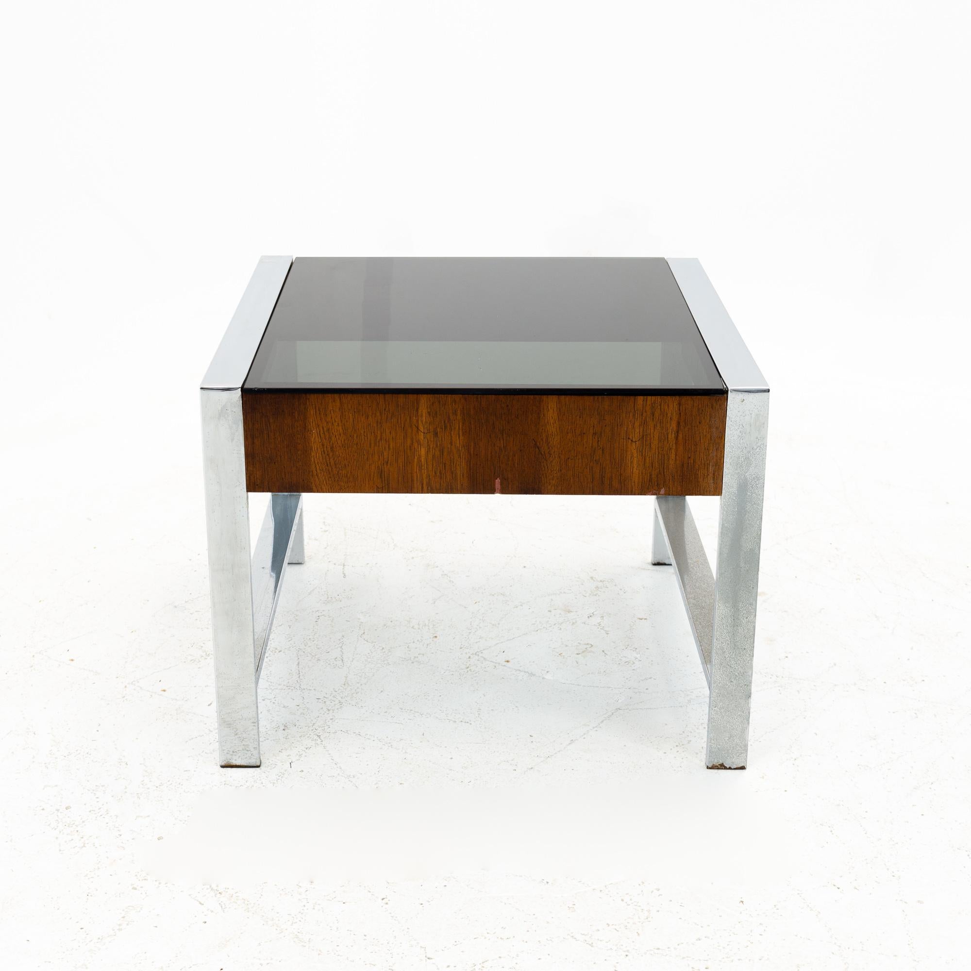 Late 20th Century Milo Baughman Style Mid Century Chrome and Smoked Glass Side End Tables - Pair