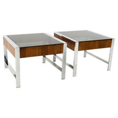 Milo Baughman Style Mid Century Chrome and Smoked Glass Side End Tables - Pair