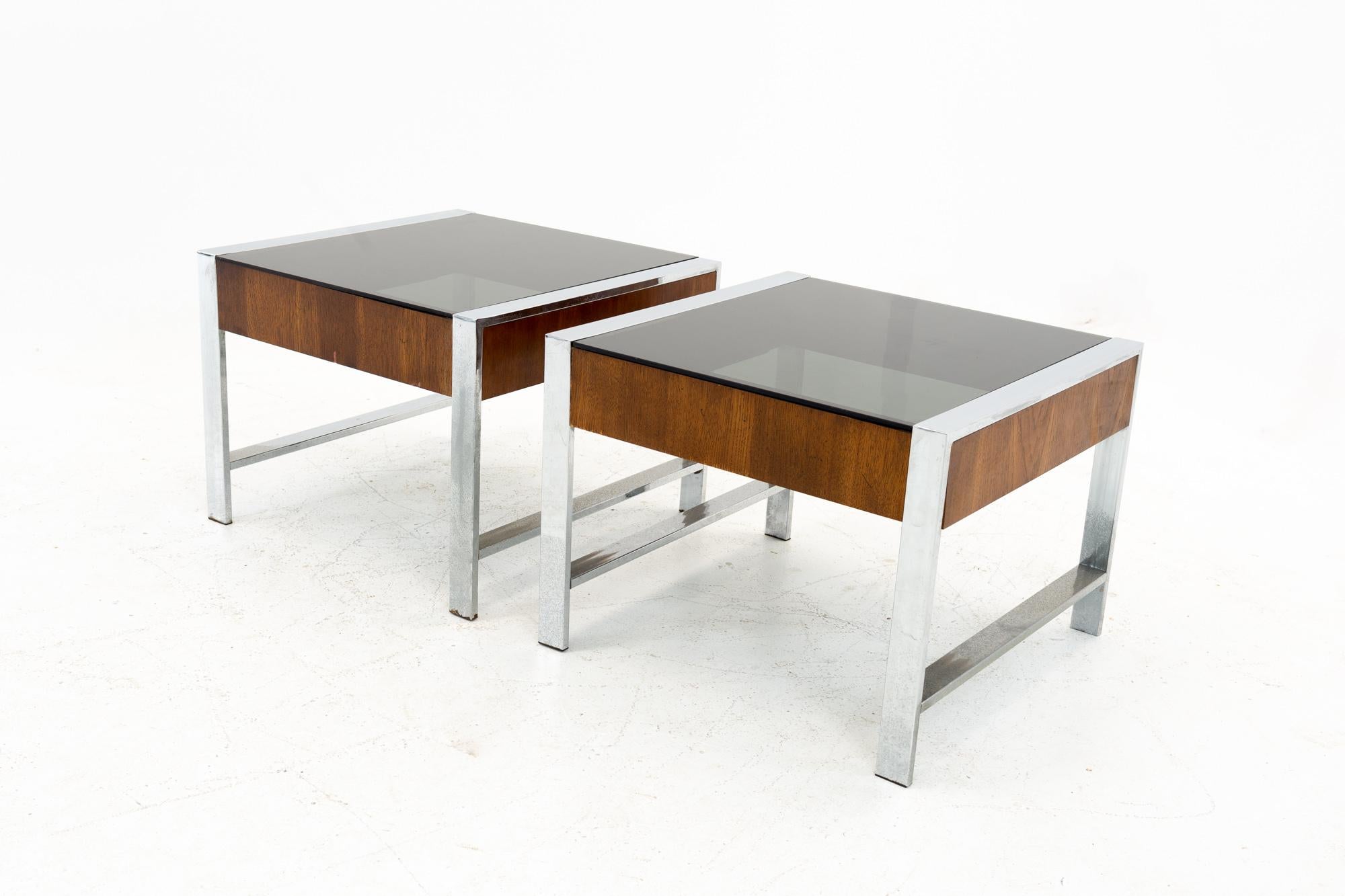Mid-Century Modern Milo Baughman Style Mid Century Chrome and Smoked Glass Side End Tables - Pair