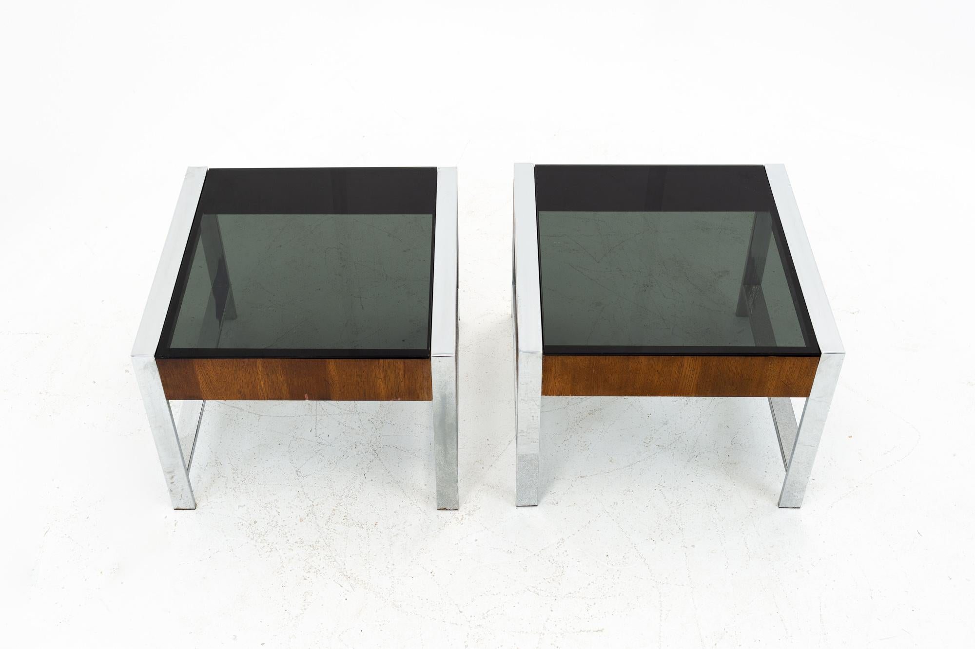American Milo Baughman Style Mid Century Chrome and Smoked Glass Side End Tables - Pair