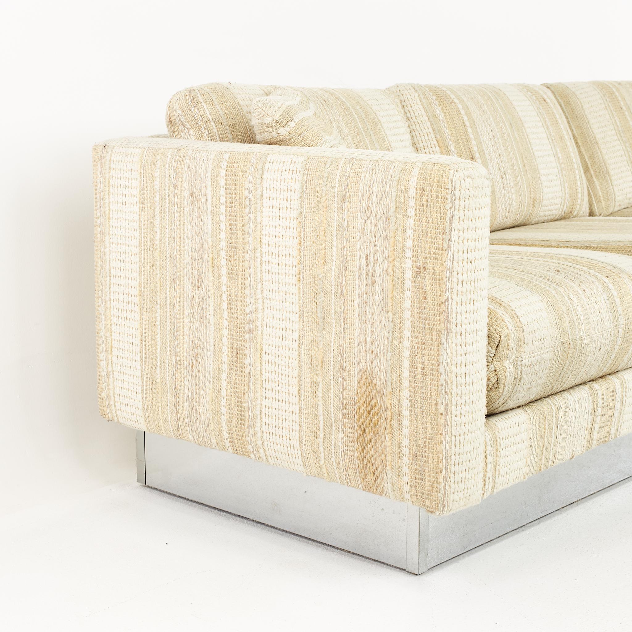 Upholstery Milo Baughman Style Mid Century Chrome Base 4 Seat Sofa For Sale