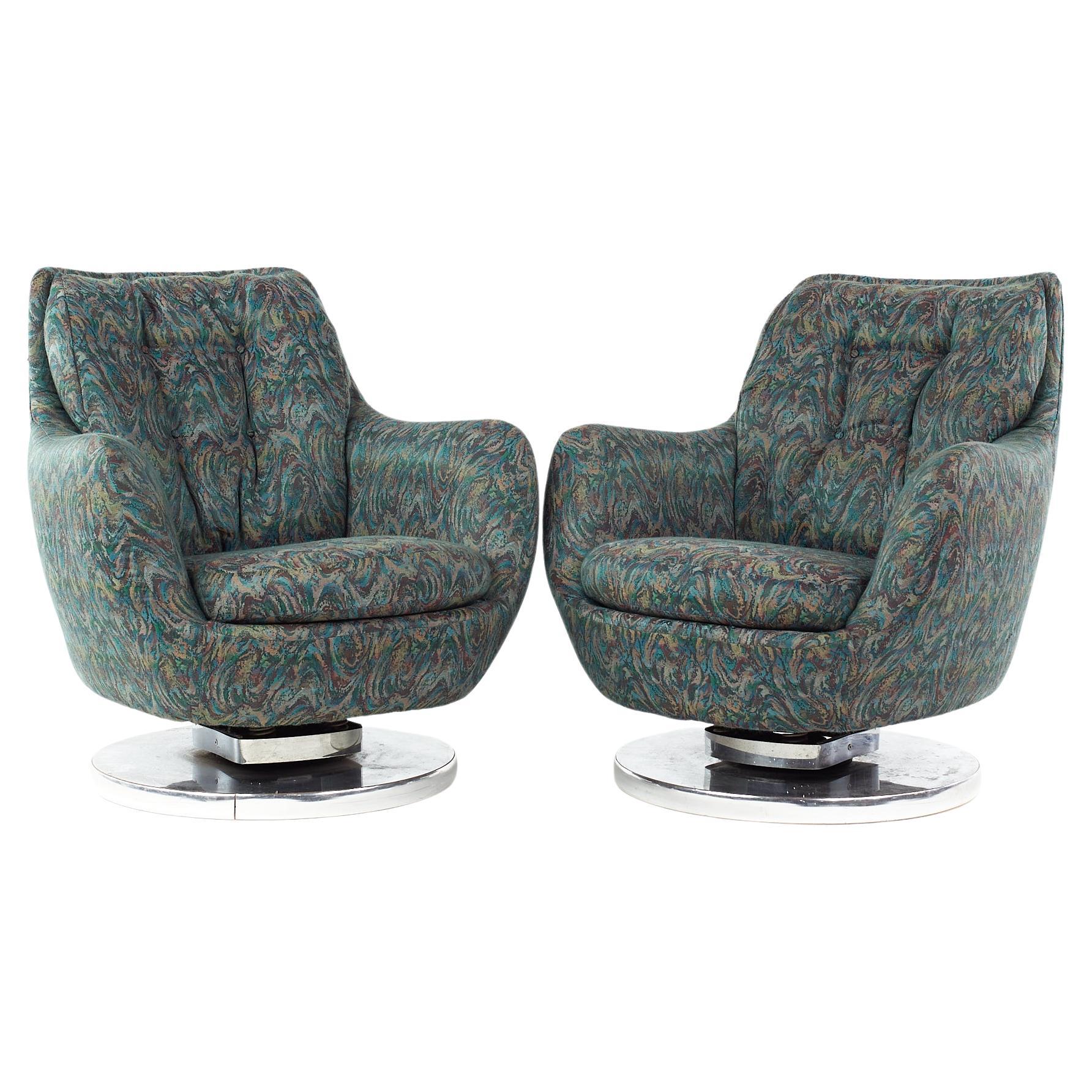 Milo Baughman Style Mid Century Chrome Base Swivel Tilt Chairs, Pair