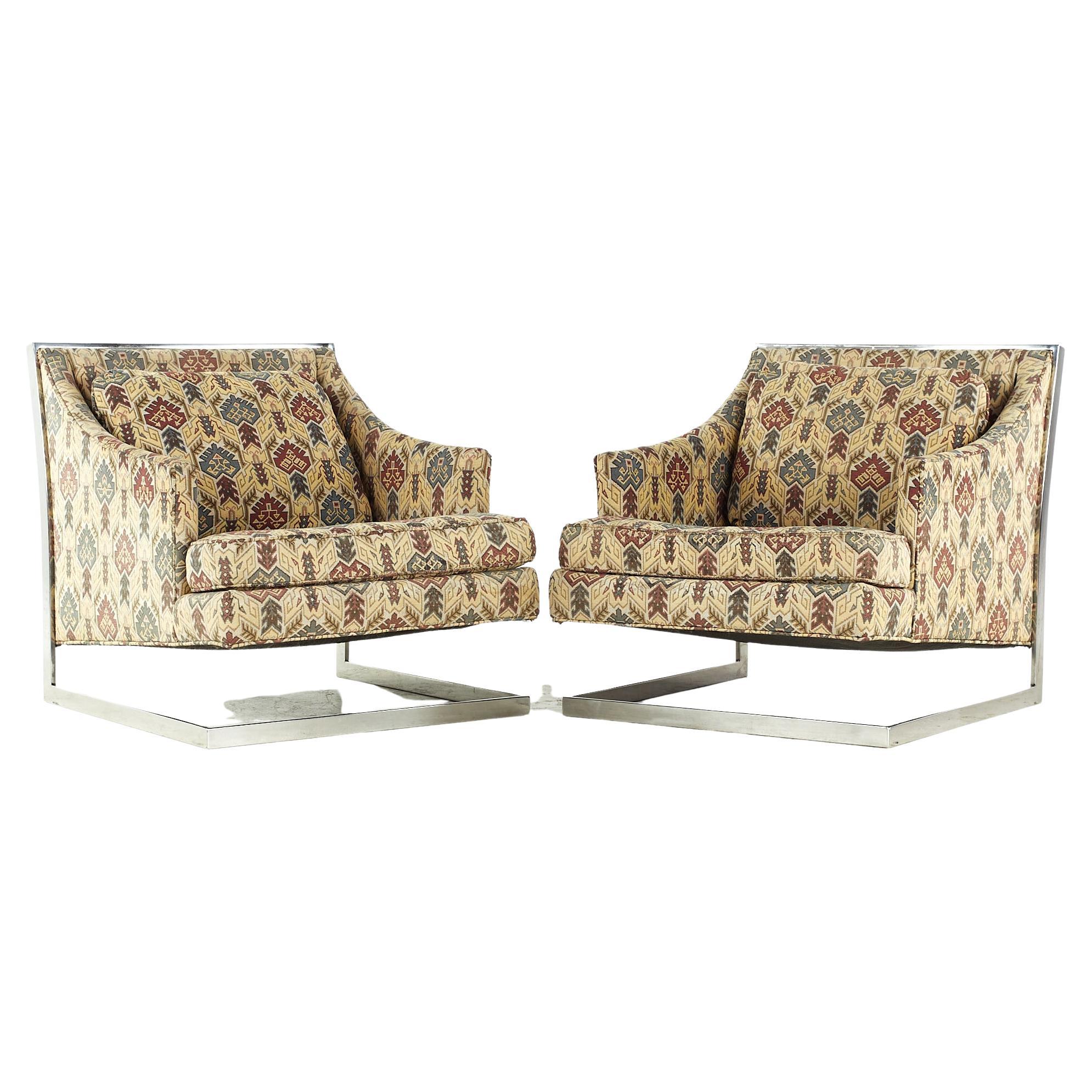Milo Baughman Style Midcentury Chrome Cantilever Lounge Chairs, Pair