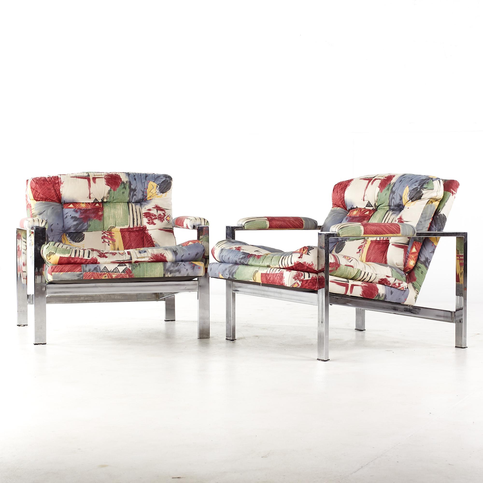Mid-Century Modern Milo Baughman Style Mid Century Chrome Flatbar Lounge Chairs, Pair For Sale