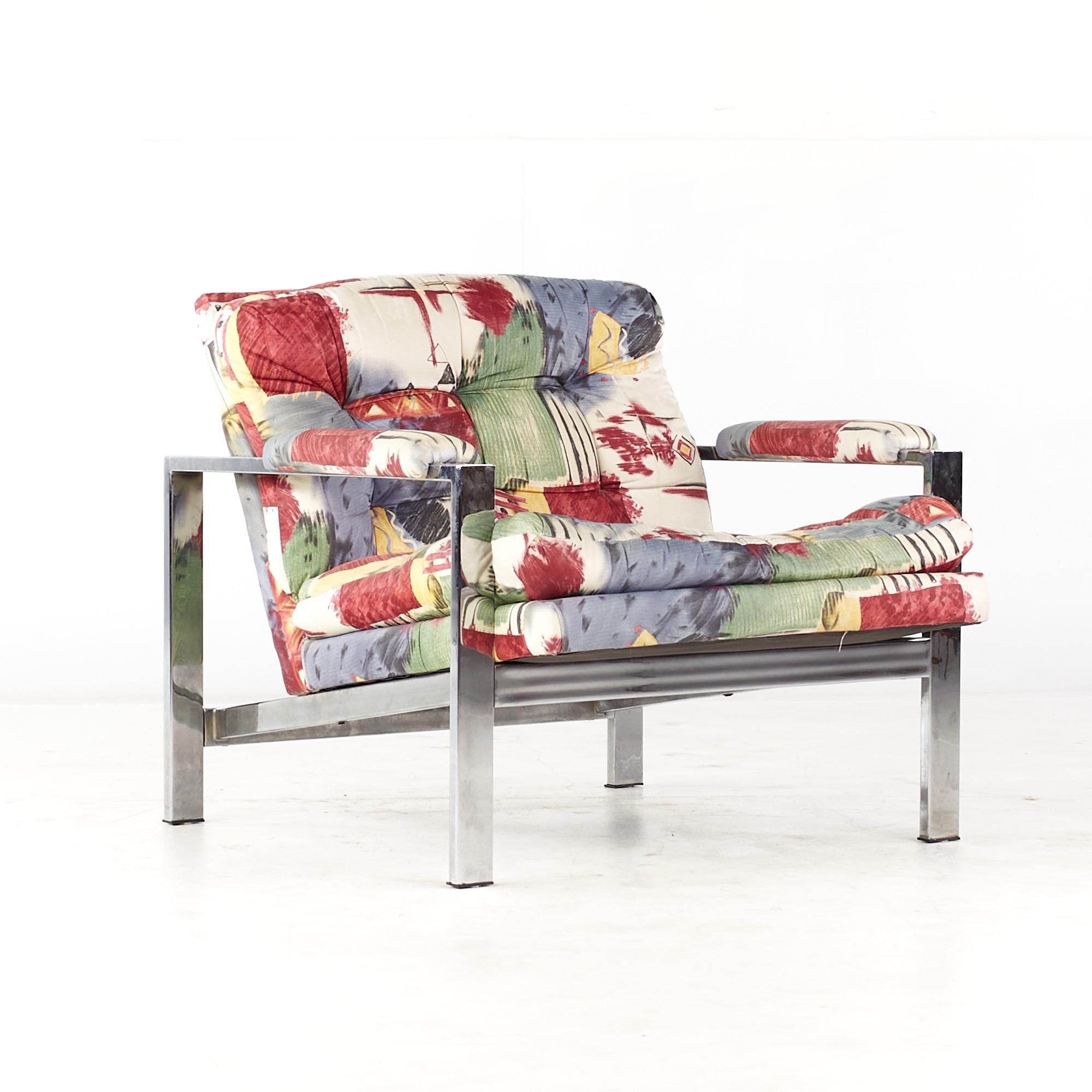 American Milo Baughman Style Mid Century Chrome Flatbar Lounge Chairs, Pair For Sale