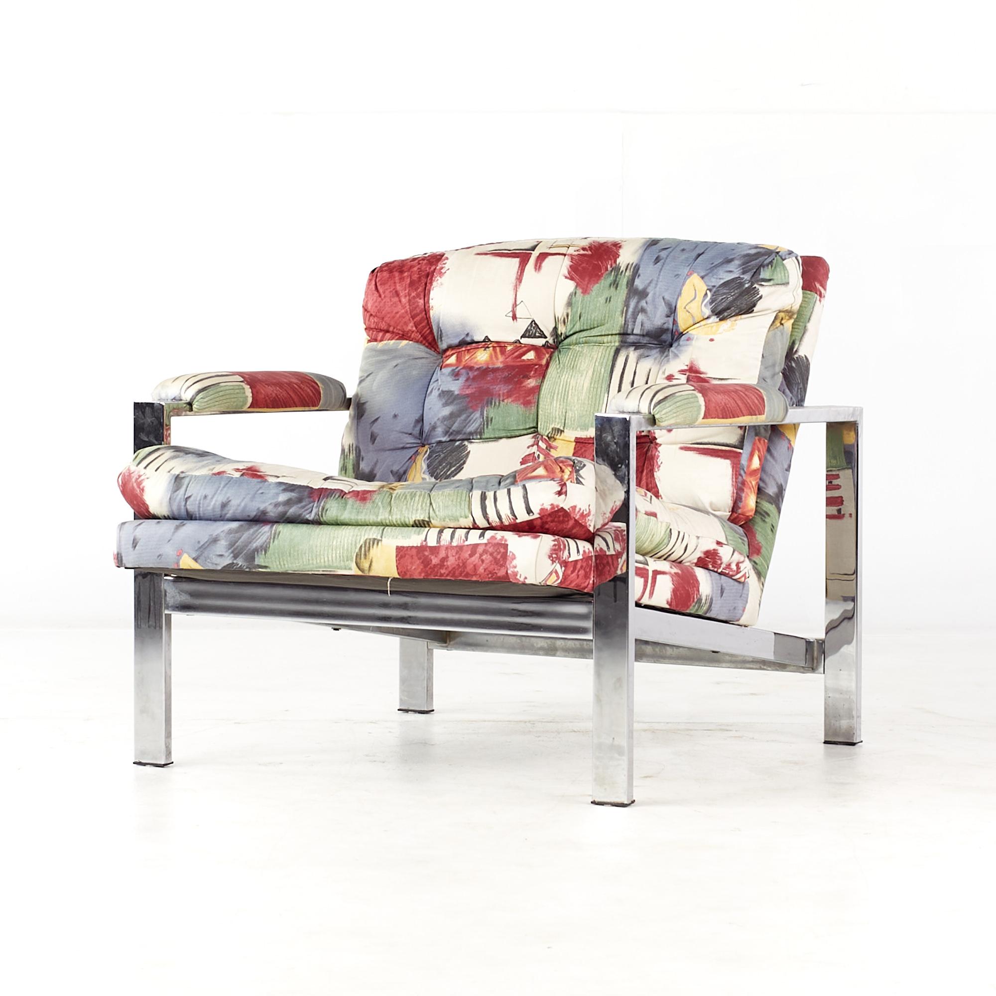 Late 20th Century Milo Baughman Style Mid Century Chrome Flatbar Lounge Chairs, Pair For Sale