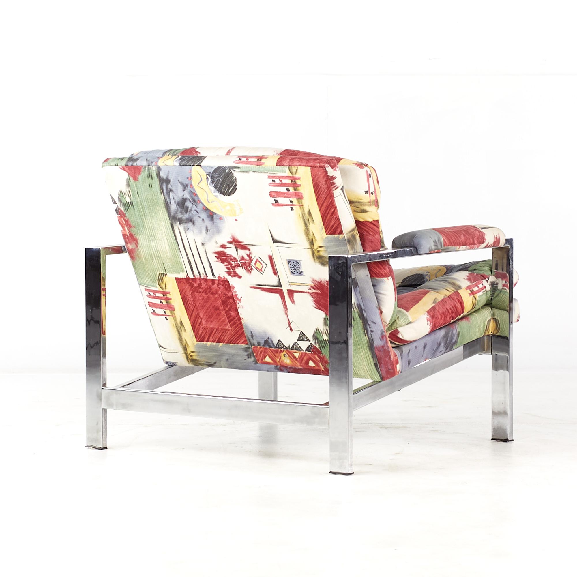 Milo Baughman Style Mid Century Chrome Flatbar Lounge Chairs, Pair For Sale 1