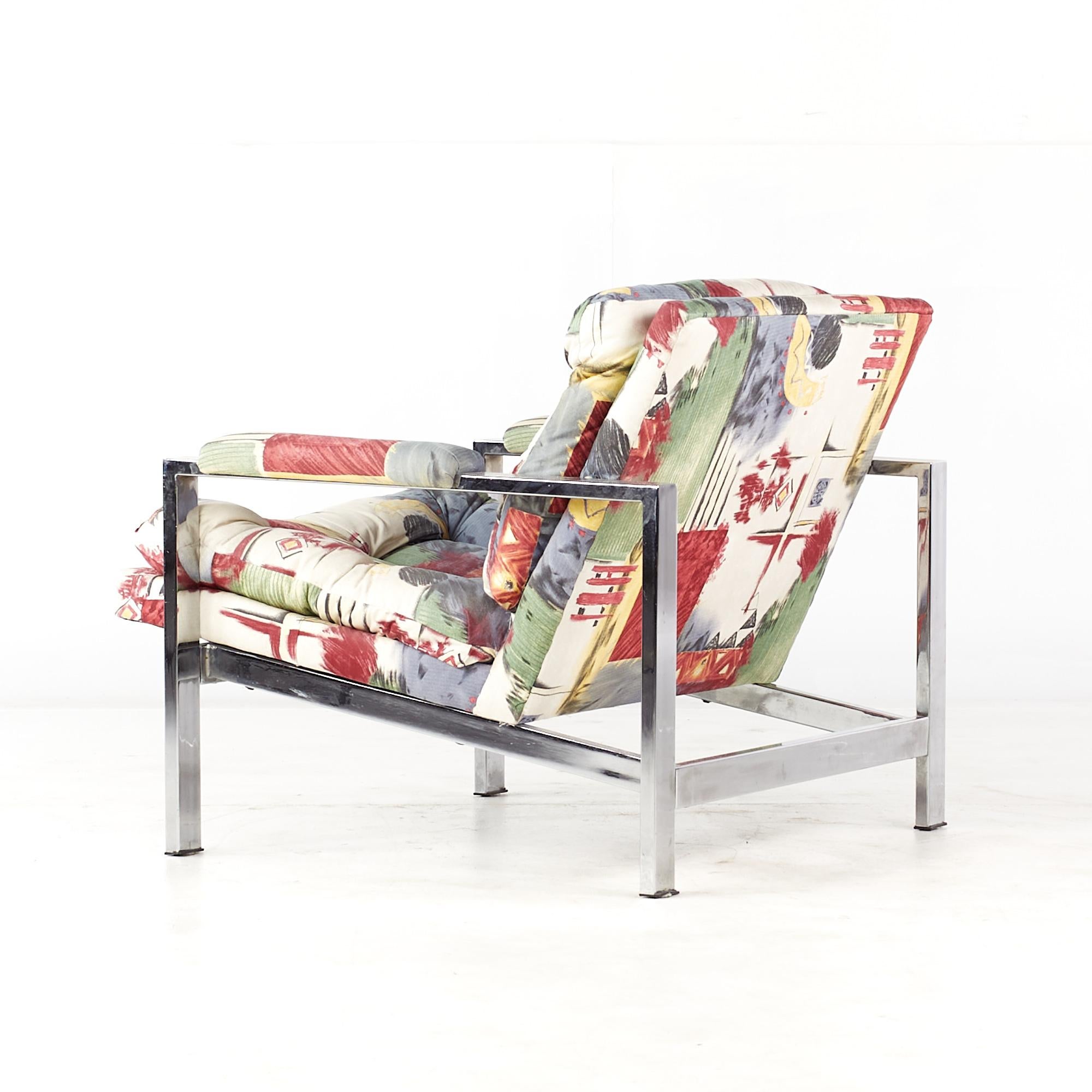 Milo Baughman Style Mid Century Chrome Flatbar Lounge Chairs, Pair For Sale 3