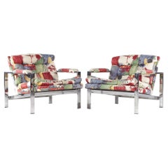 Milo Baughman Style Mid Century Chrome Flatbar Lounge Chairs, Pair