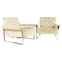 Milo Baughman Style Mid Century Chrome Tufted Lounge Chairs, a Pair