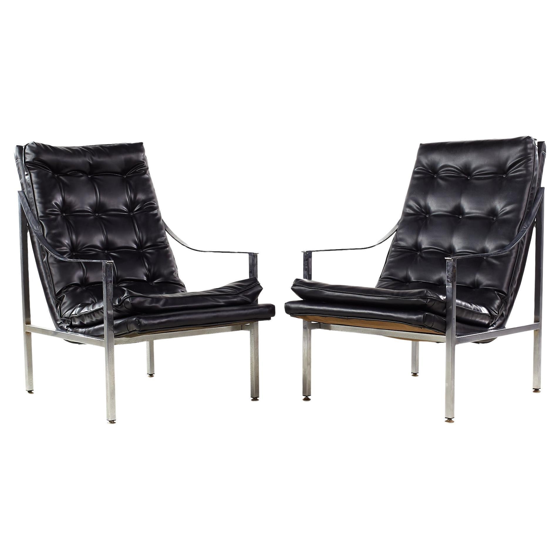 Milo Baughman Style Mid Century Chrome Tufted Lounge Chairs, Pair