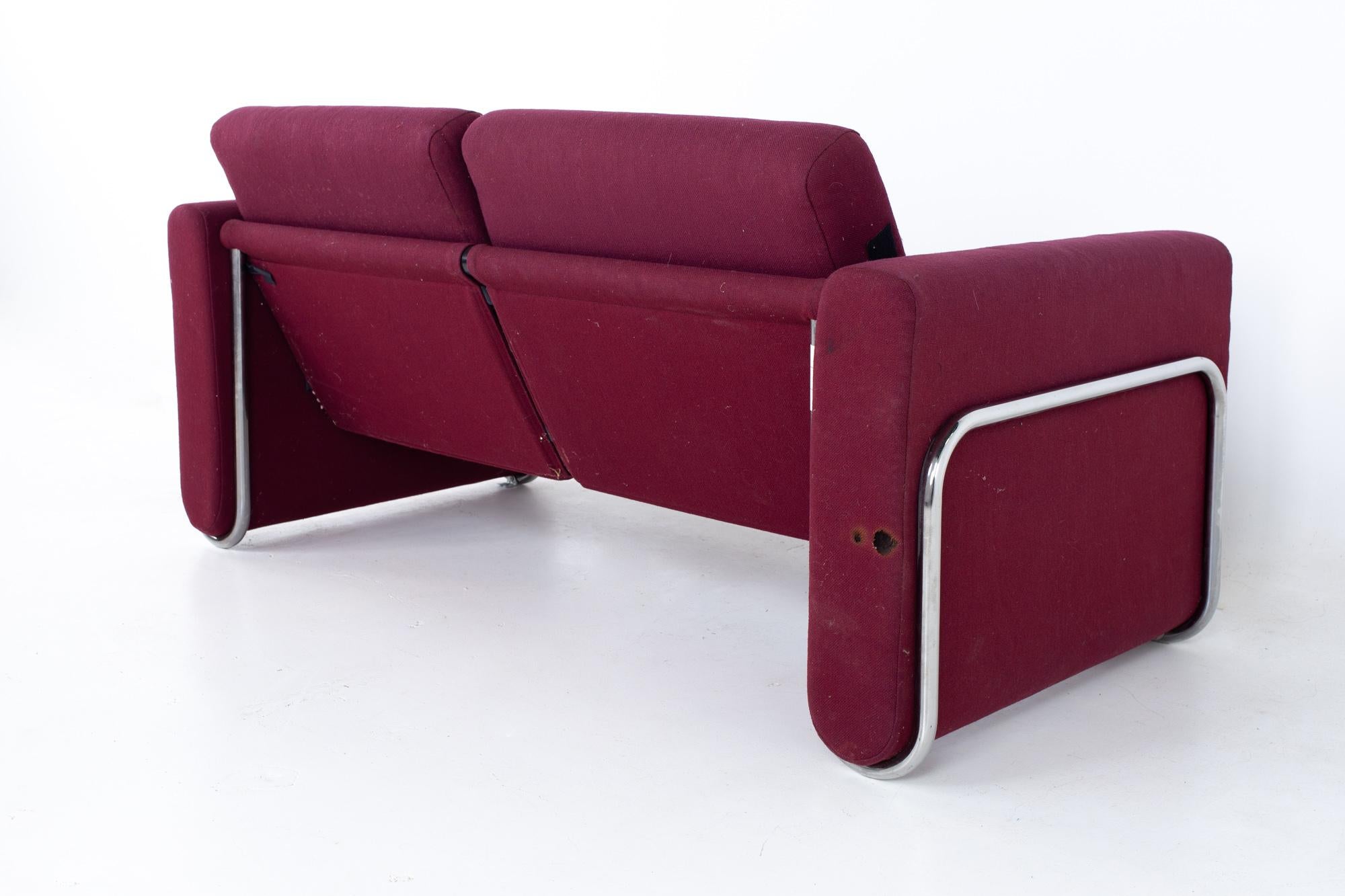 Milo Baughman Style Mid Century Cranberry Purple and Chrome Loveseat Setee Sofa 3