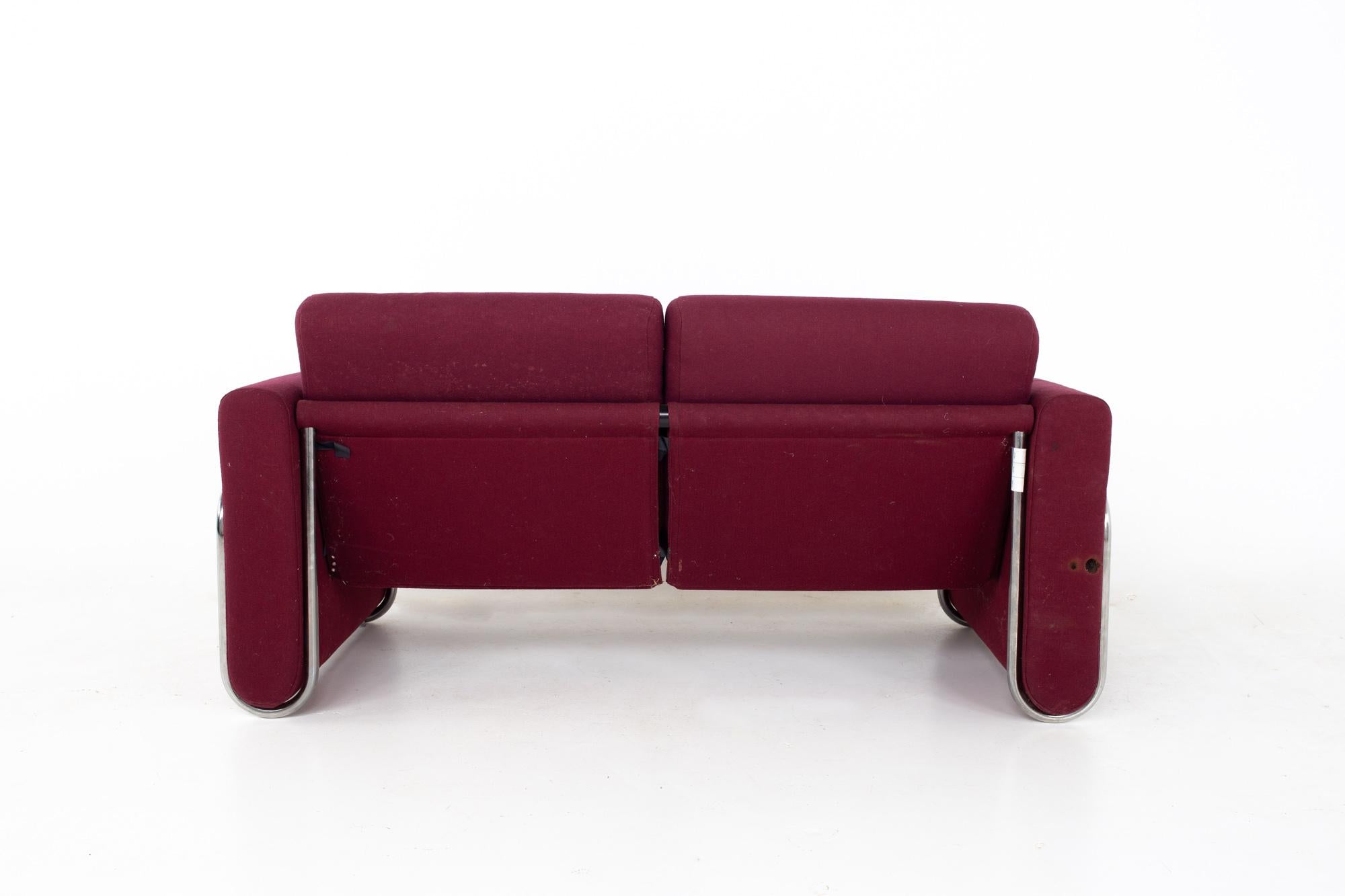 Milo Baughman Style Mid Century Cranberry Purple and Chrome Loveseat Setee Sofa 4