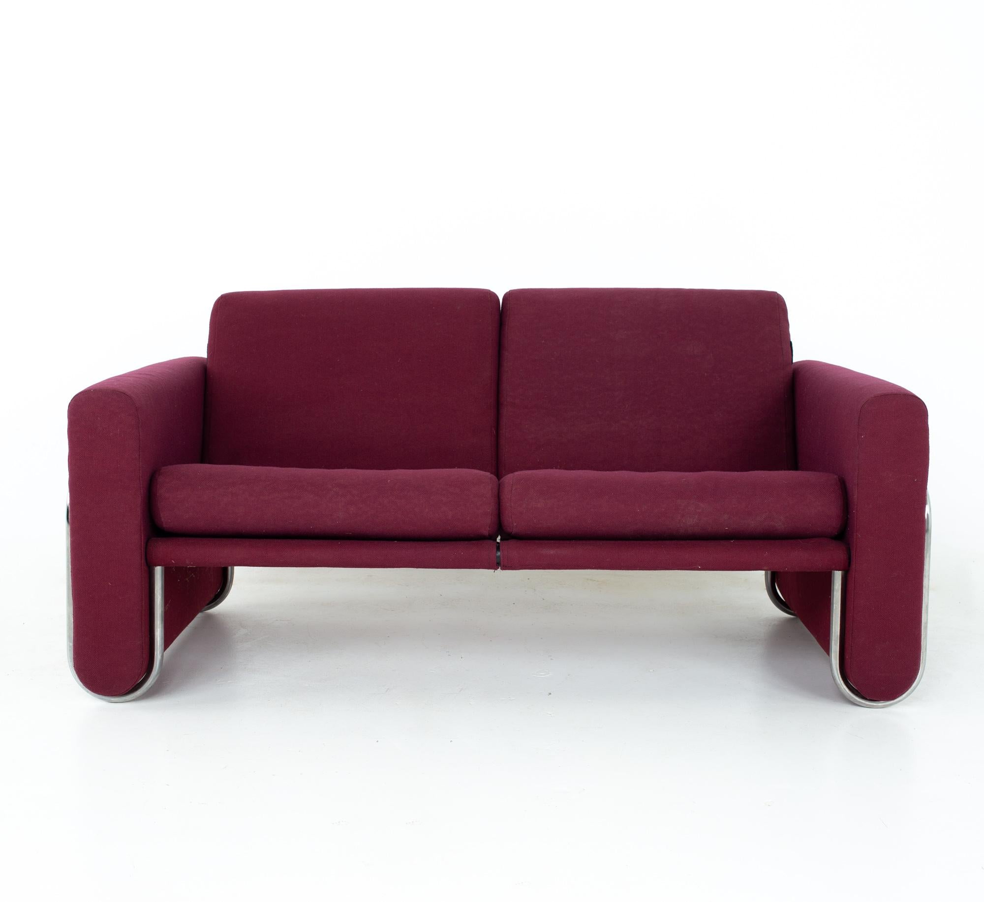 Mid-Century Modern Milo Baughman Style Mid Century Cranberry Purple and Chrome Loveseat Setee Sofa